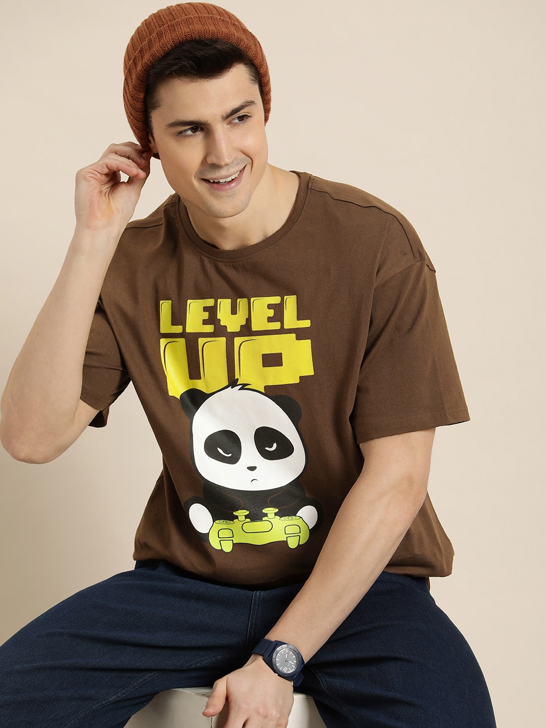 

HERE&NOW Graphic Printed Pure Cotton T-shirt, Brown
