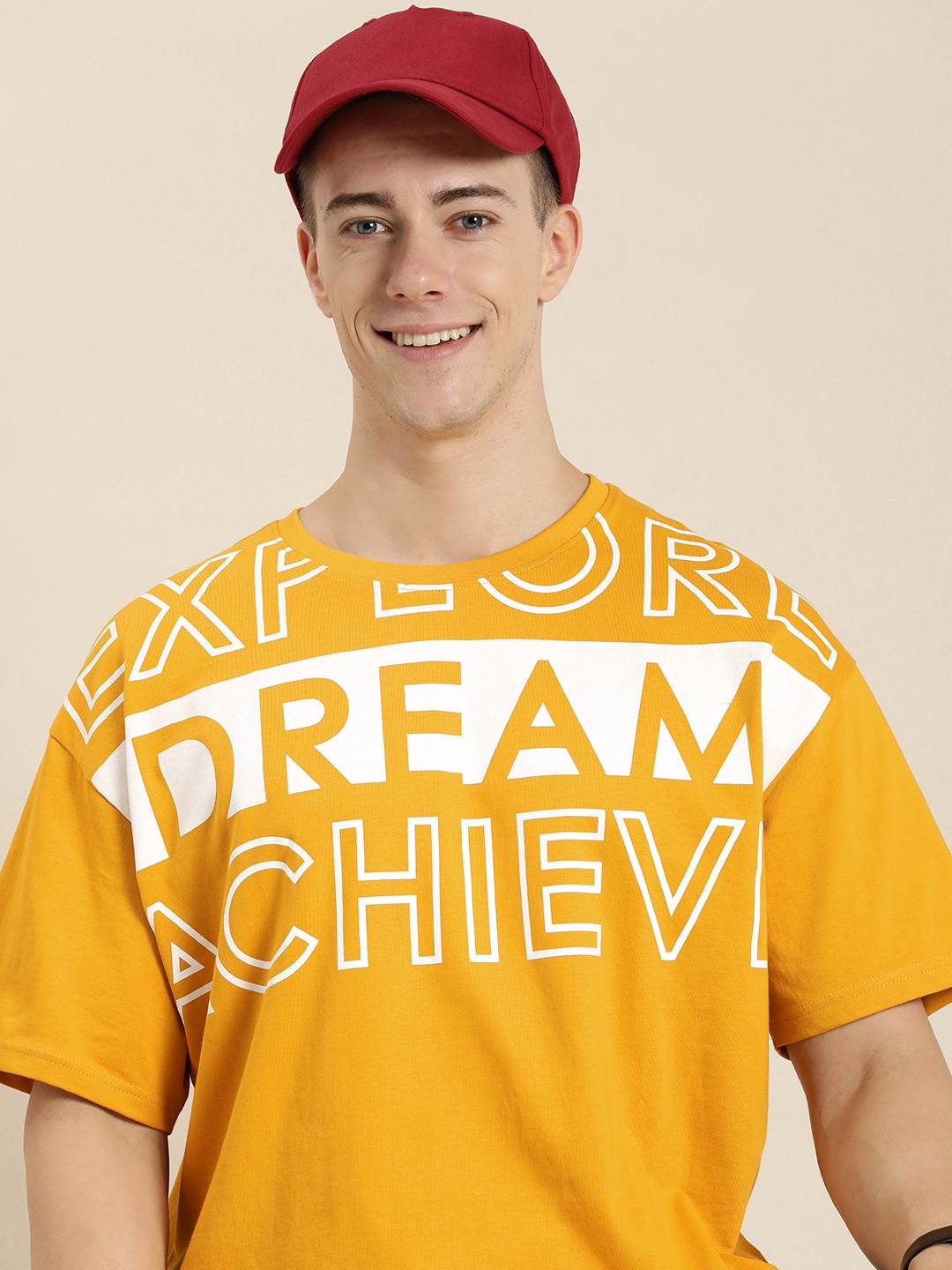 

HERE&NOW Typography Printed Pure Cotton T-shirt, Mustard