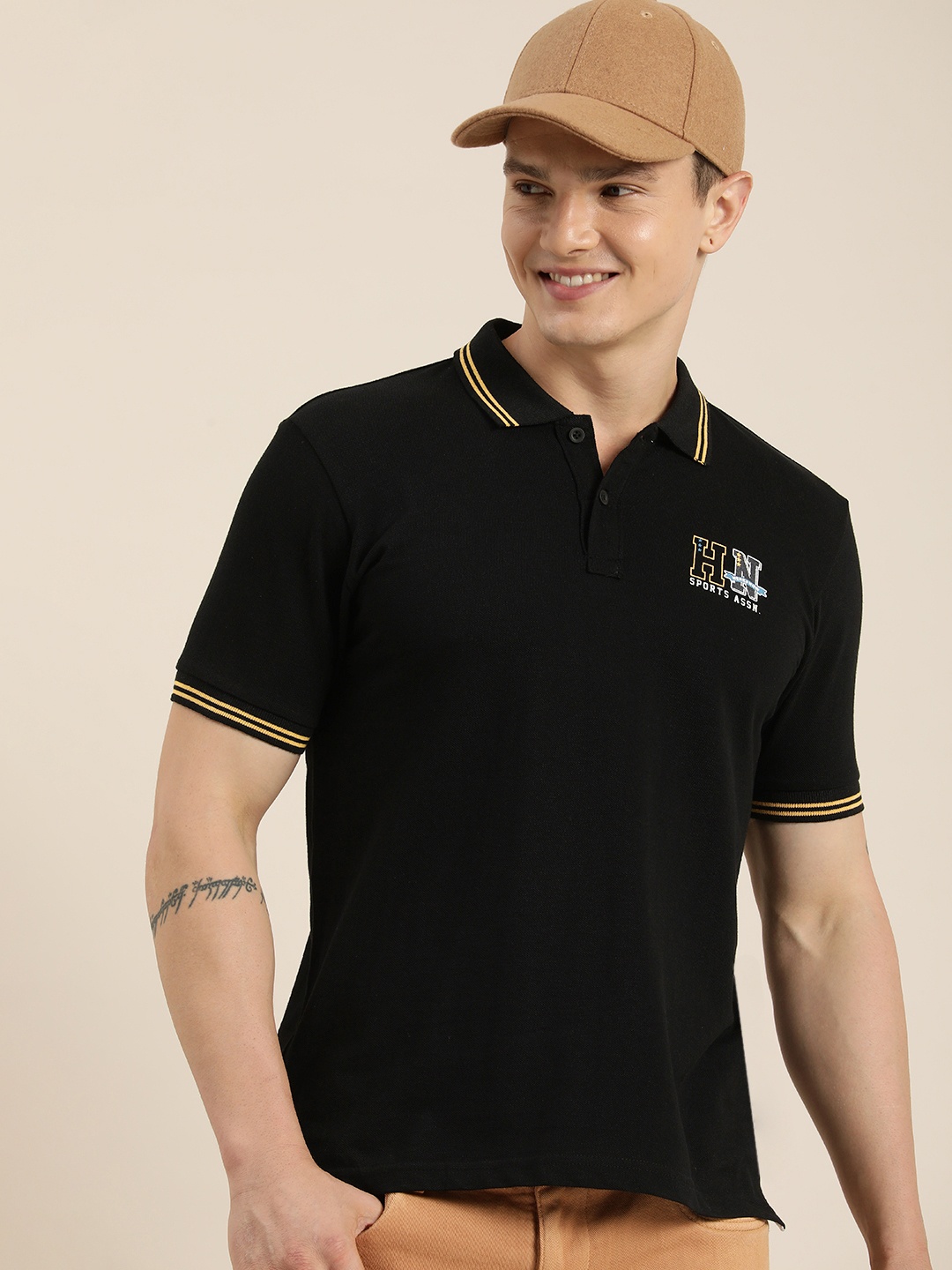 

HERE&NOW Minimal Brand Logo Printed Polo Collar Pure Cotton T-shirt, Black