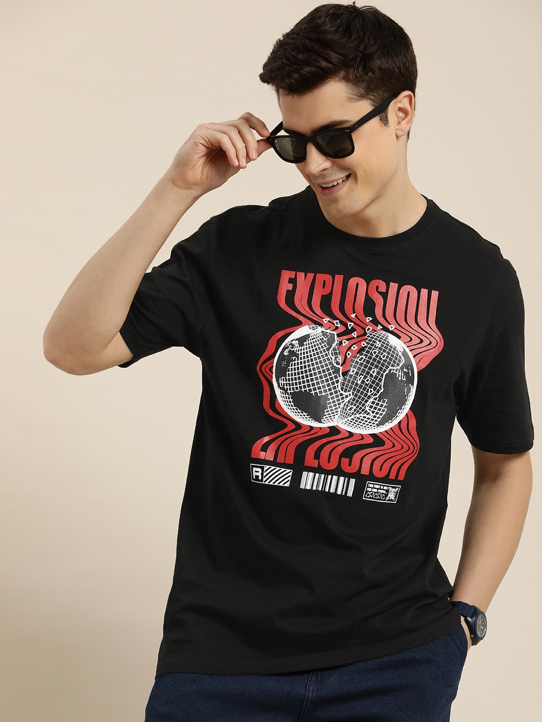 

HERE&NOW Graphic Printed Pure Cotton T-shirt, Black