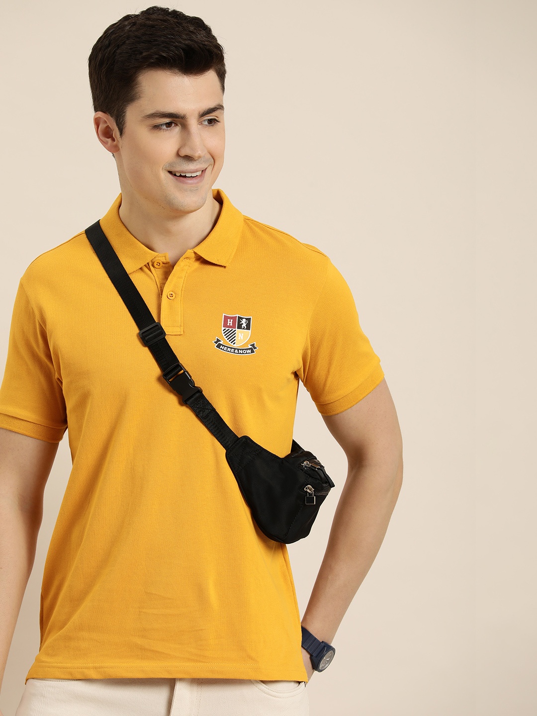 

HERE&NOW Pure Cotton Brand Logo Printed Polo Collar T-shirt, Yellow