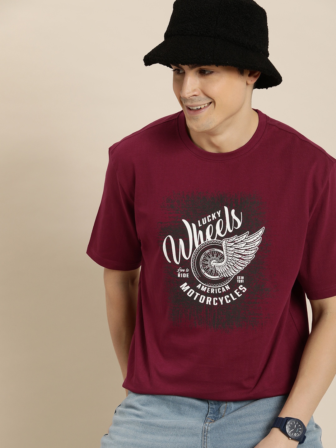 

HERE&NOW Pure Cotton Graphic Printed T-shirt, Maroon