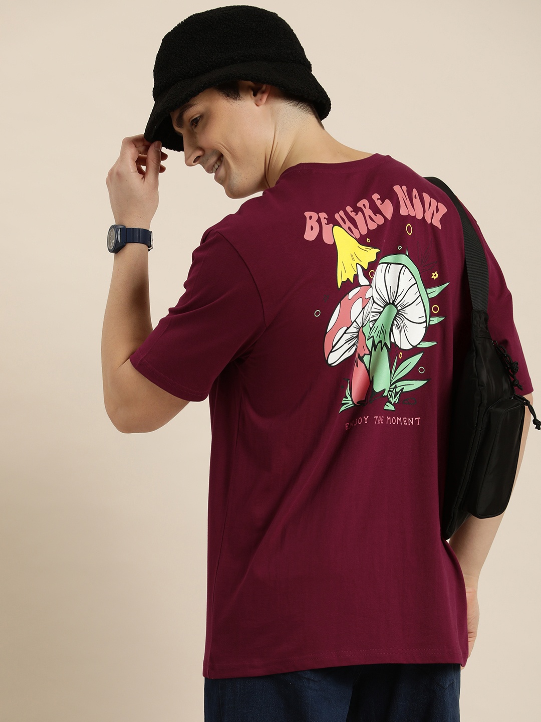 

HERE&NOW Pure Cotton Graphic Printed Casual T-shirt, Maroon