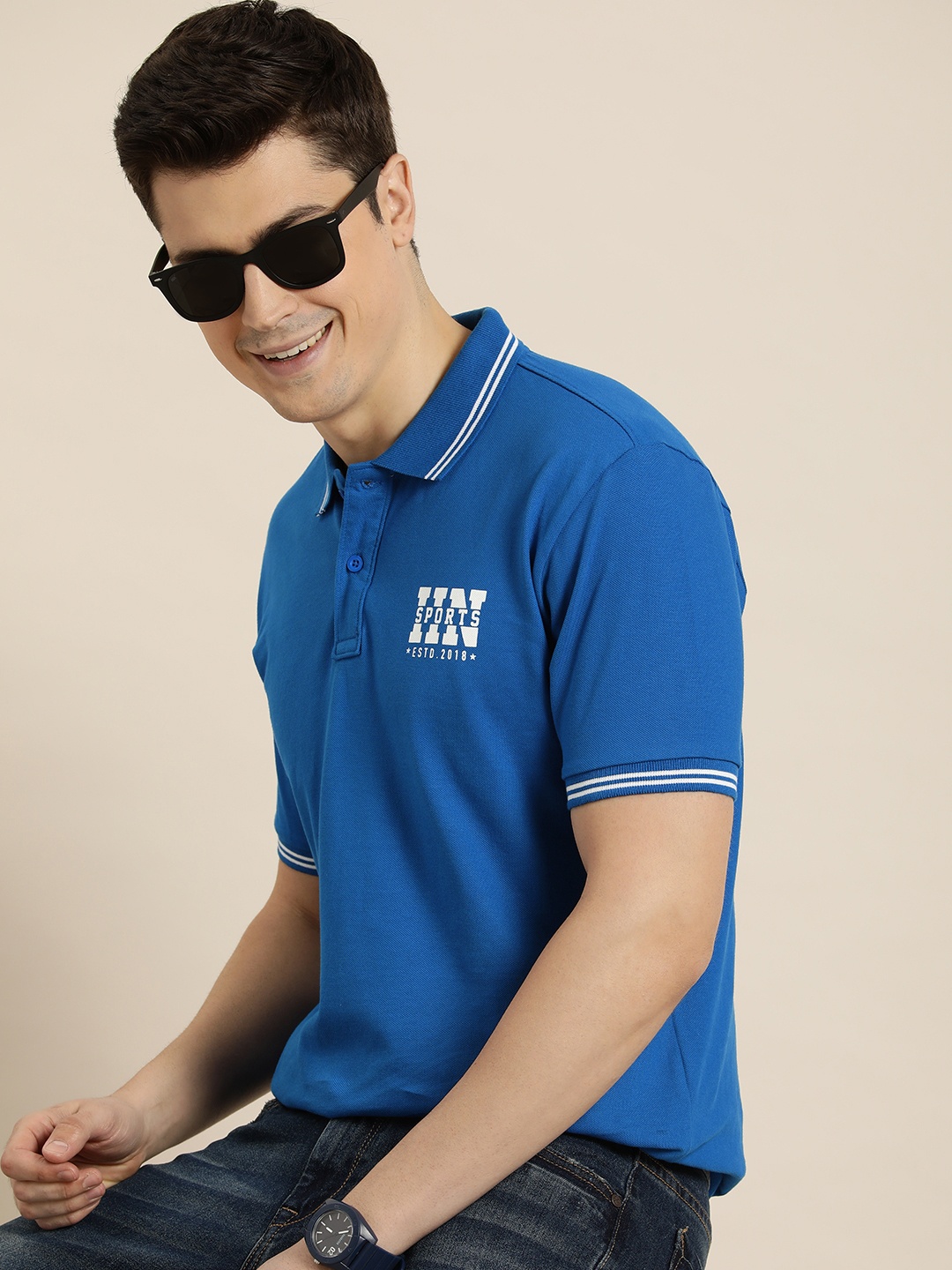 

HERE&NOW Pure Cotton Brand Logo Printed Polo Collar T-shirt, Blue