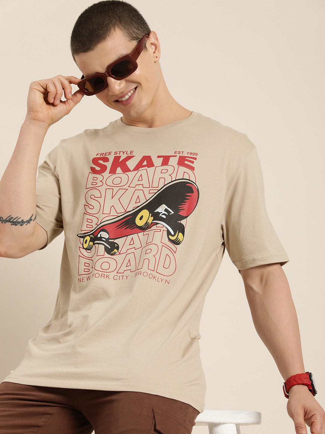 

HERE&NOW Printed Pure Cotton T-shirt, Beige