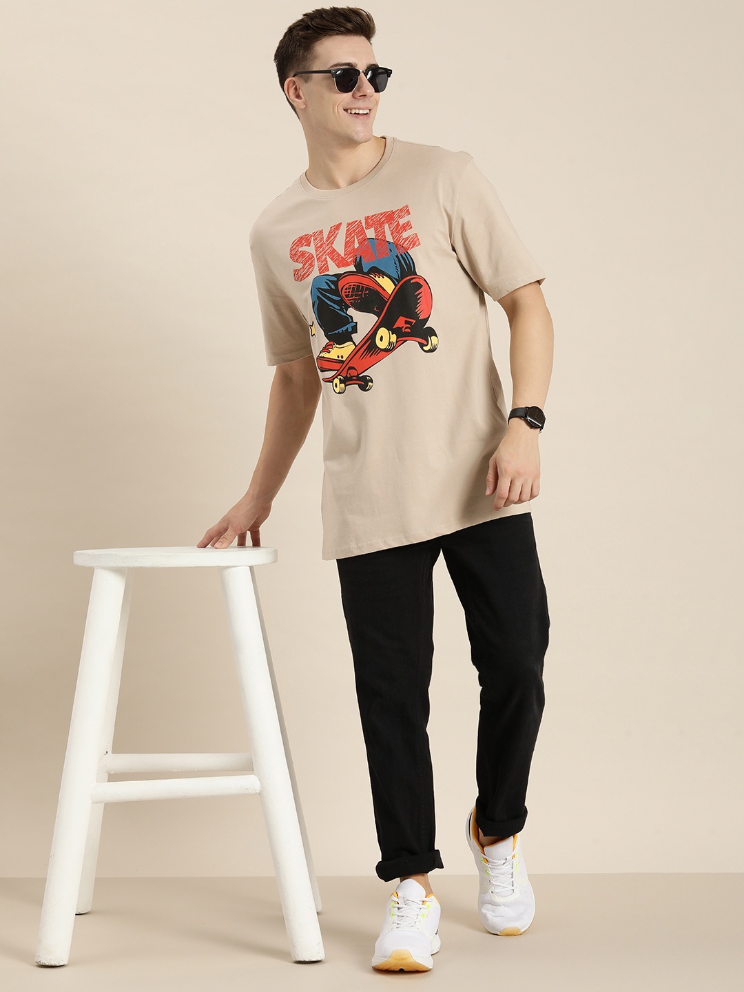 

HERE&NOW Printed Pure Cotton T-shirt, Beige