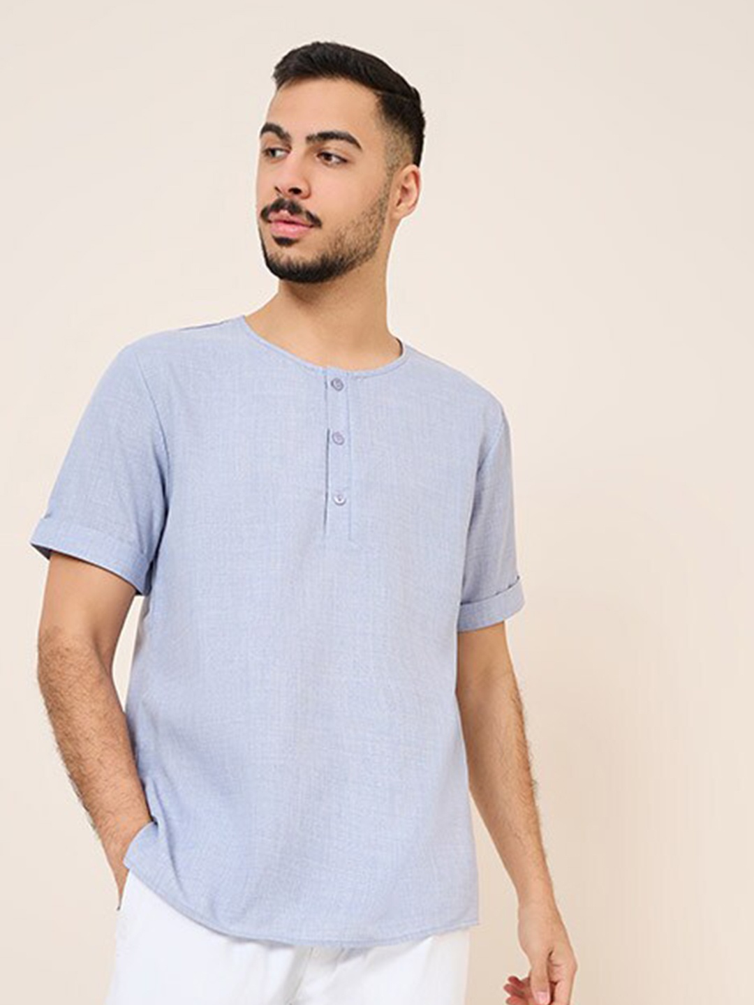 

Styli Men Blue Half Placket Casual Shirt