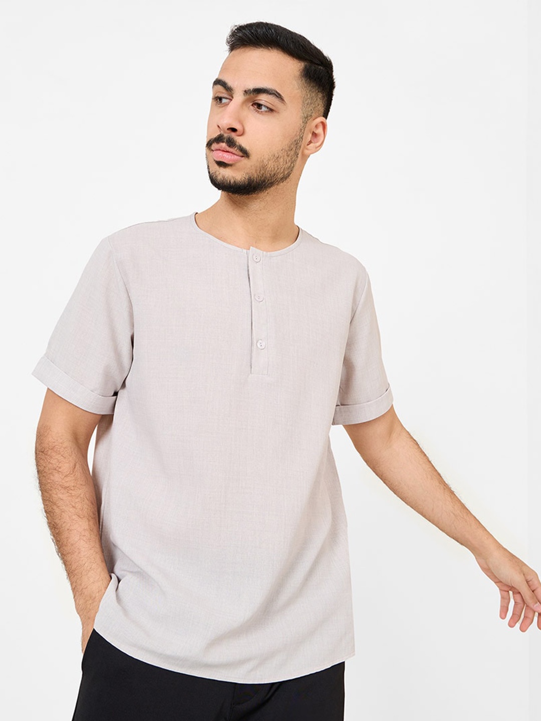 

Styli Cross Dyed Half Placket Regular Shirt, Beige