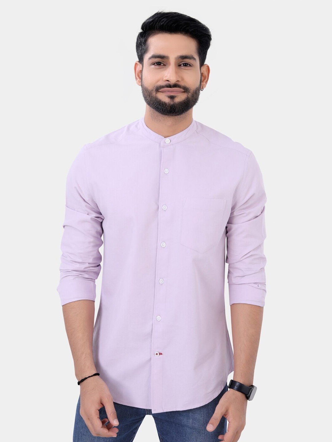 

VASTRADO Band Collar Cotton Casual Shirt, Lavender