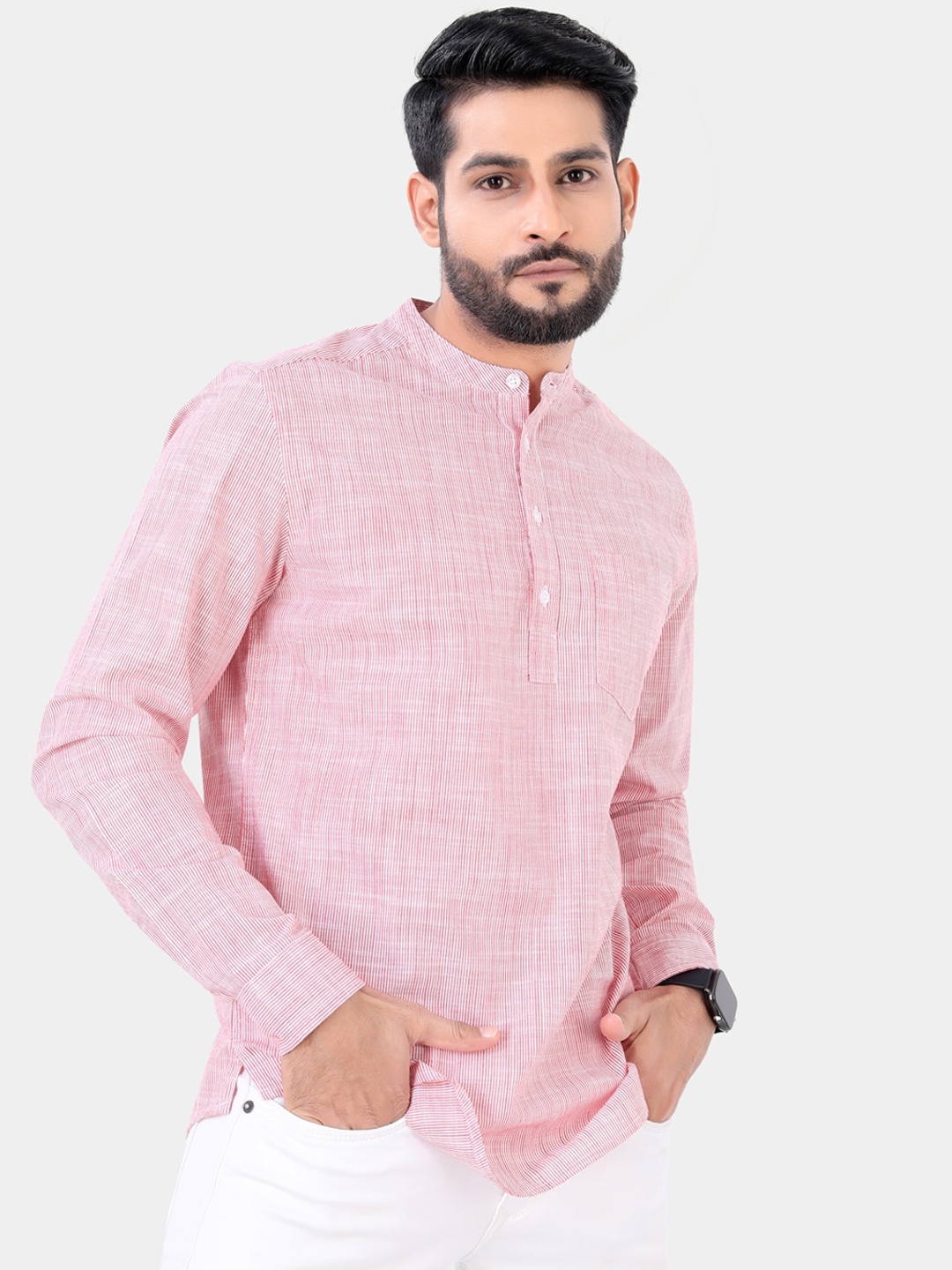 

VASTRADO Striped Band Collar Cotton Short Kurta, Red