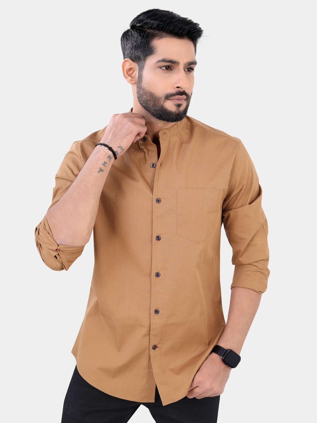 

VASTRADO Band Collar Cotton Casual Shirt, Brown