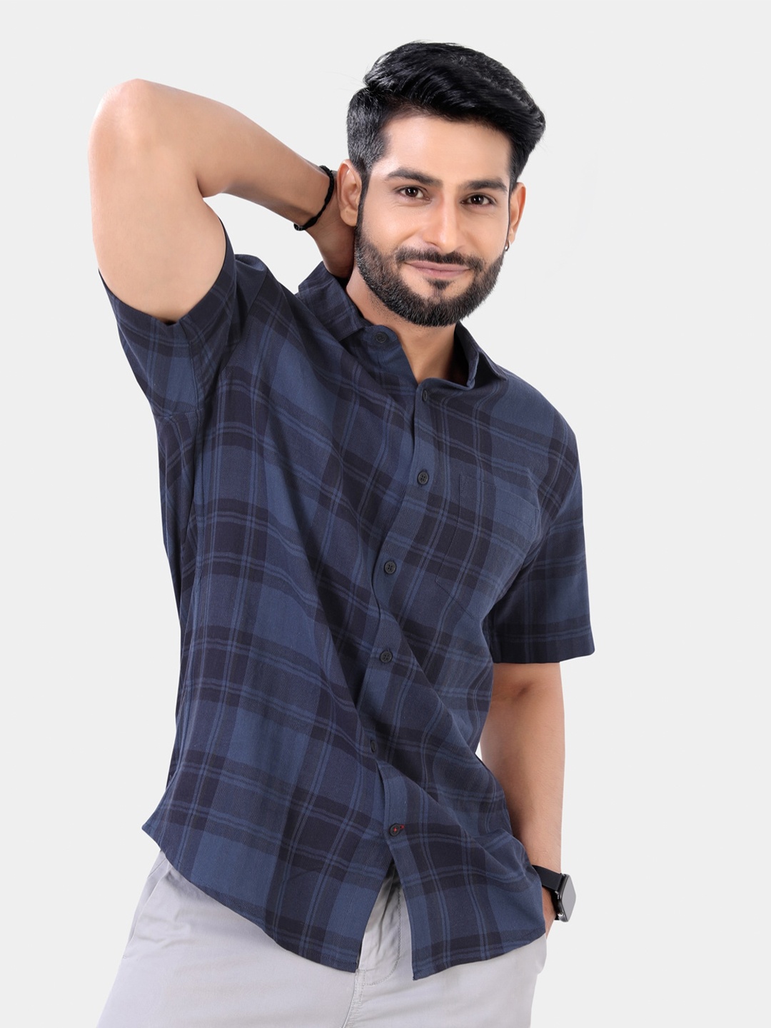 

VASTRADO Tartan Checked Cotton Casual Shirt, Navy blue