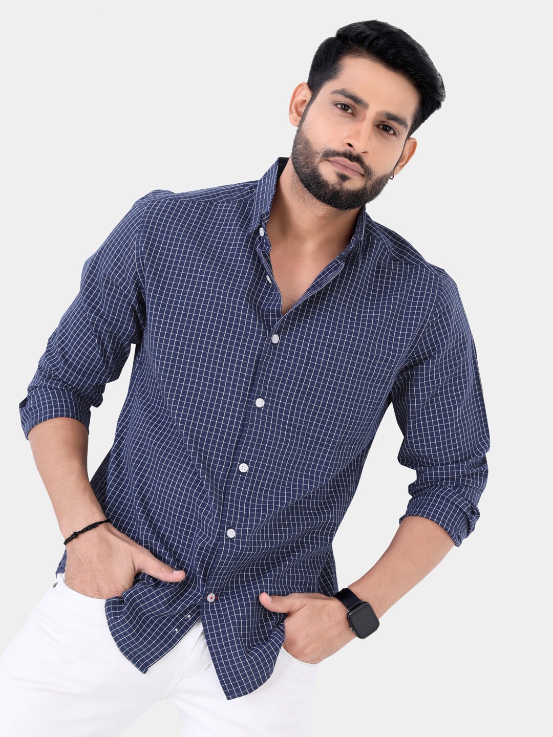 

VASTRADO Checked Cotton Opaque Casual Shirt, Navy blue