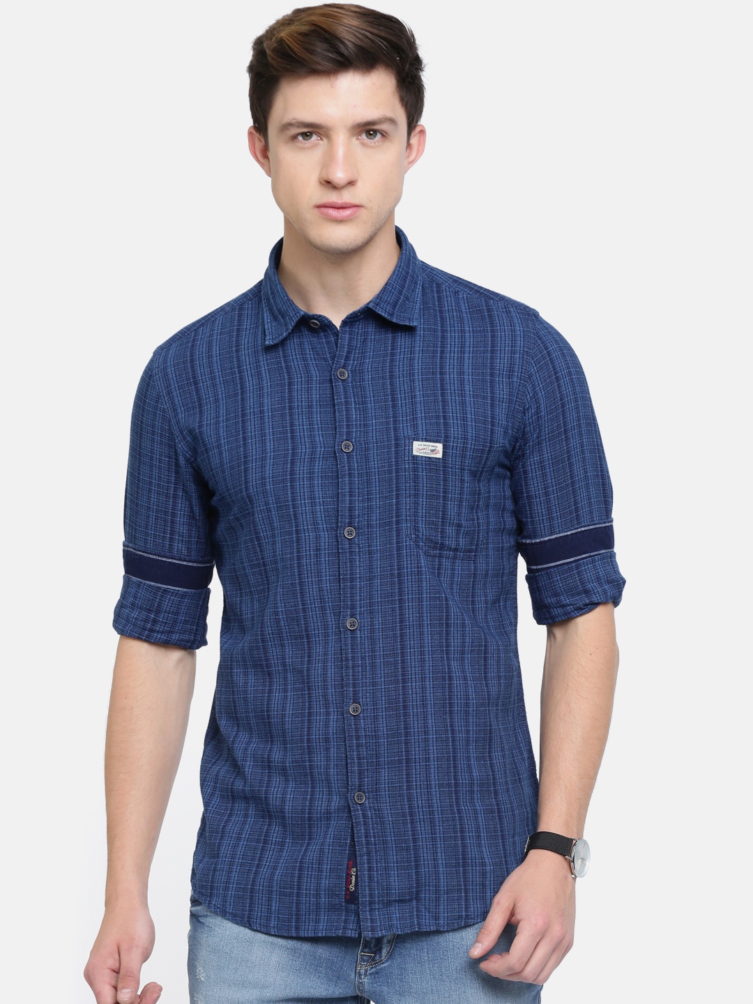 

U.S. Polo Assn. Denim Co. Men Blue Regular Fit Checked Casual Shirt