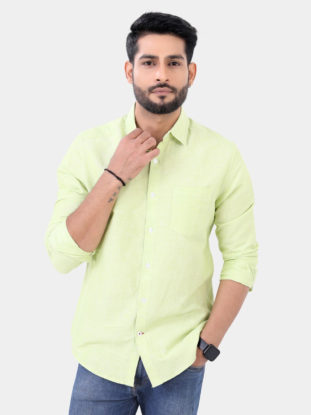 

VASTRADO Spread Collar Cotton Casual Shirt, Green