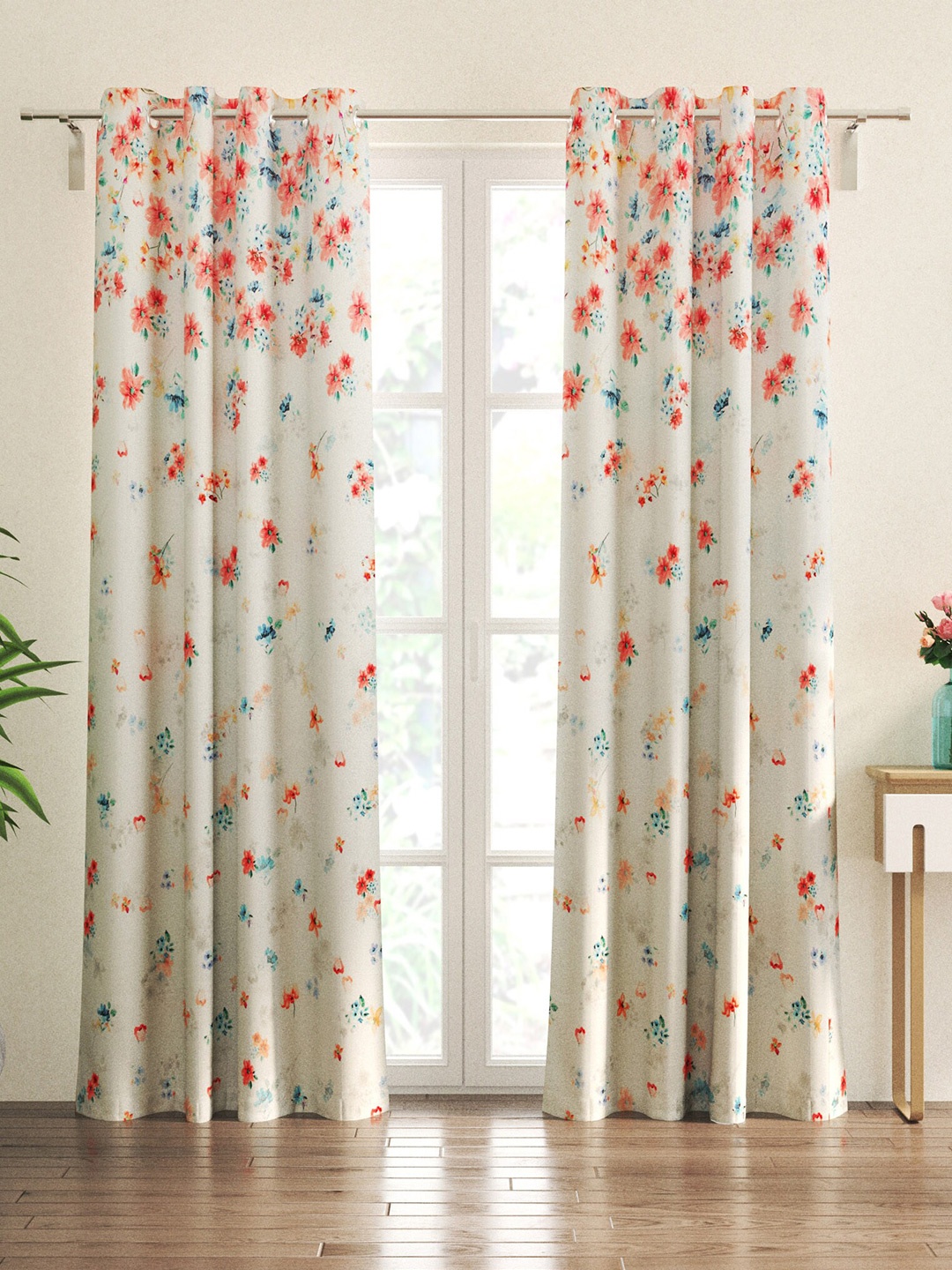 

Home Centre Fiesta White & Red 2 Pieces Floral Blackout Door Curtains