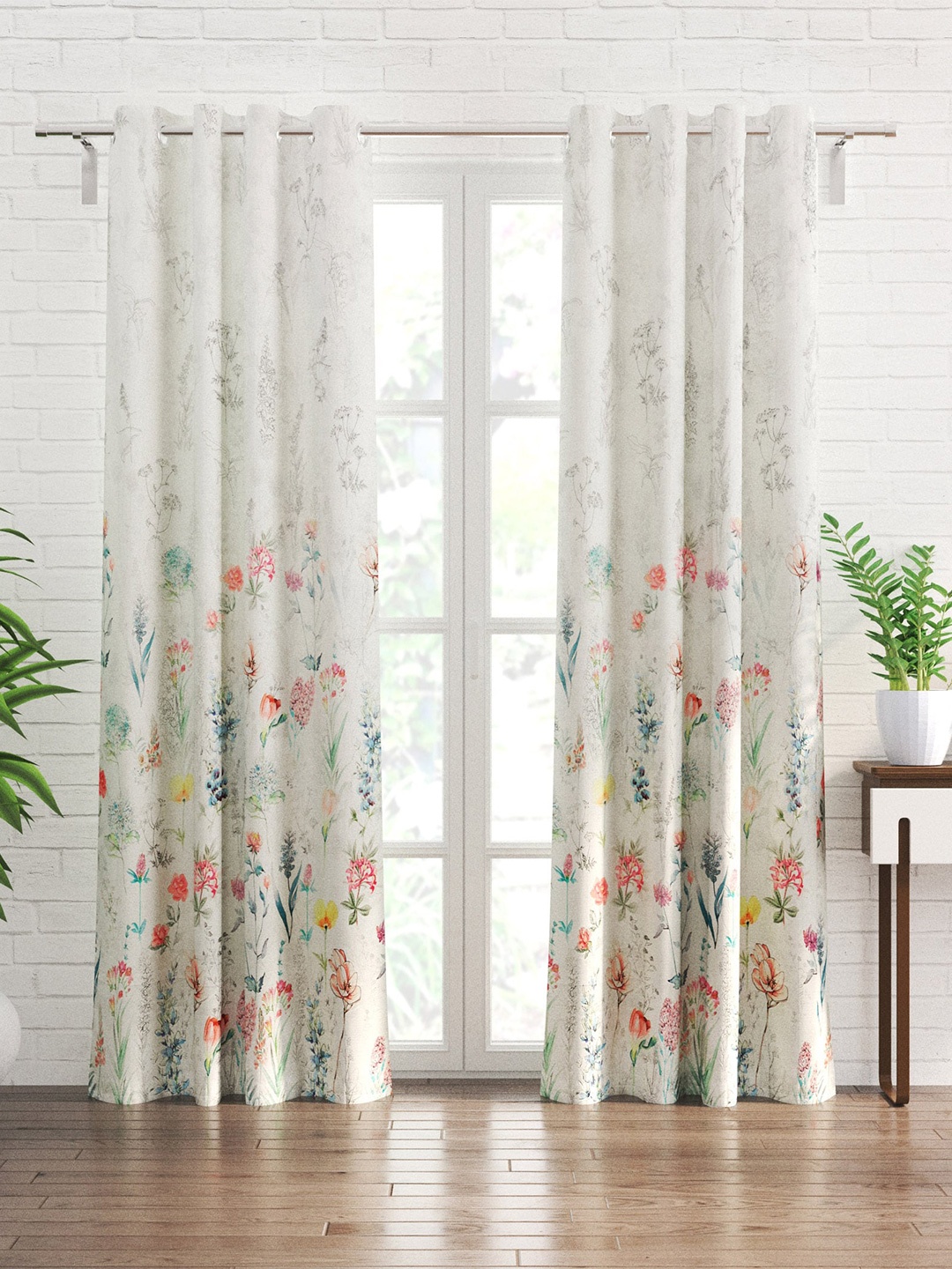 

Home Centre White & Red 2 Pieces Floral Blackout Door Curtains
