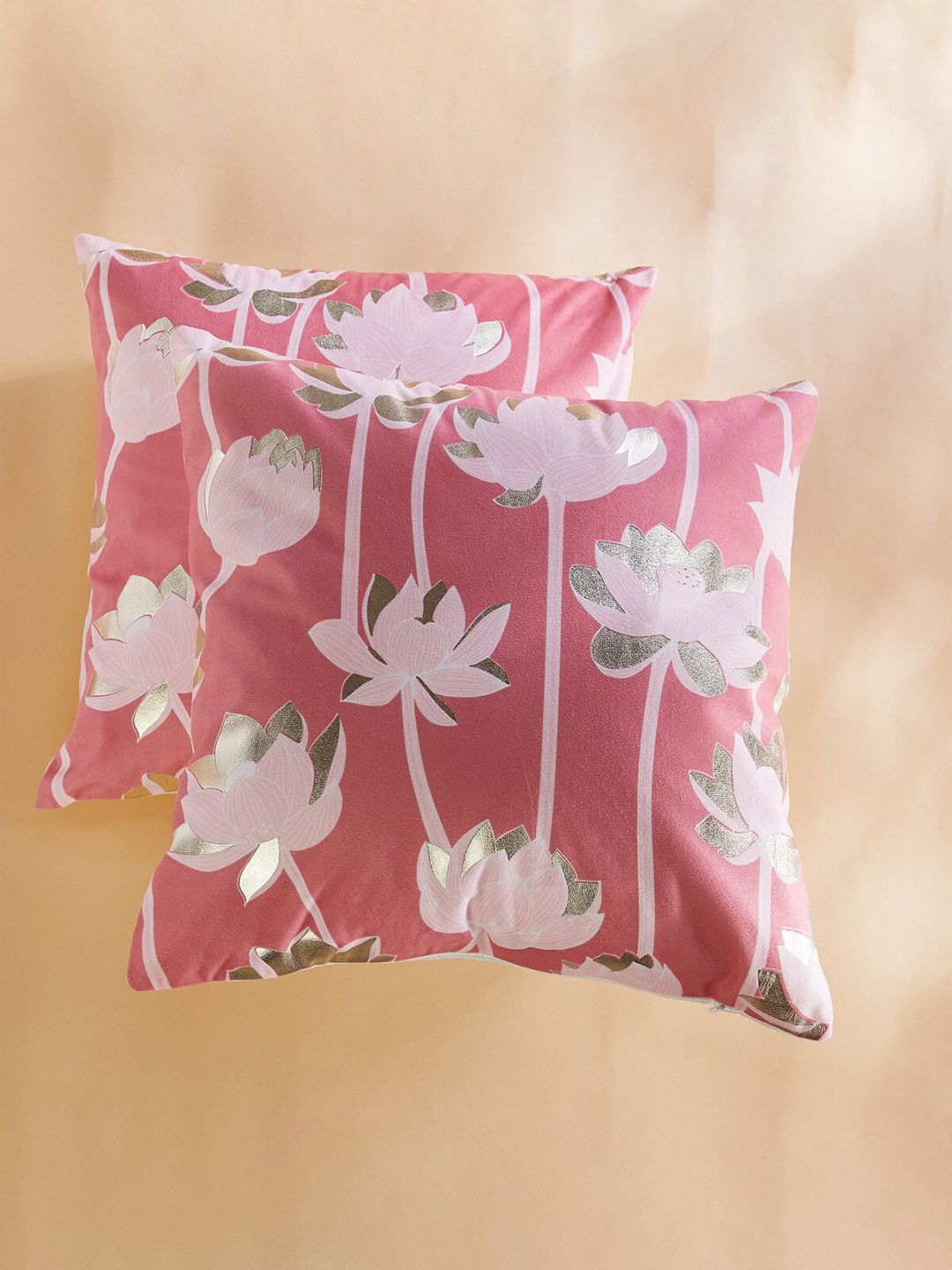 

Home Centre 2 Pieces Pink & Gold-Toned Floral Square Cushion Covers
