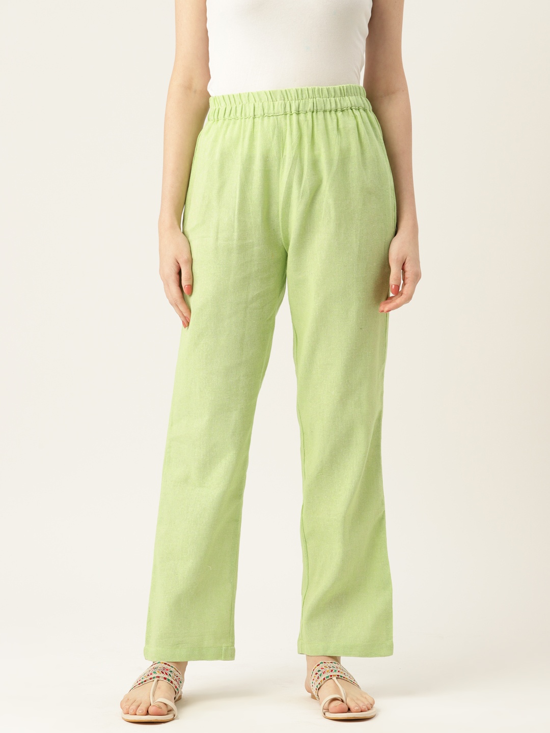

Molcha Cotton Chambray Ethnic Palazzos, Green