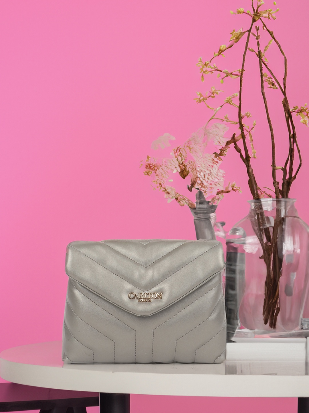 

Carlton London Textured Structured Sling Bag With Quilted, Silver