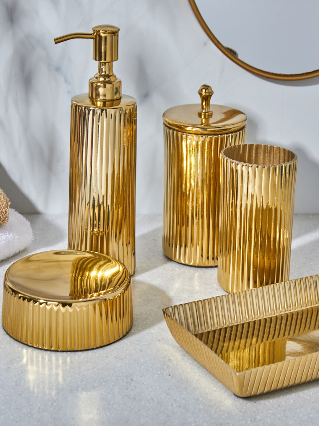 

Home Centre Panama Beige Vertical Lines Textured Metal Cotton Jar, Gold