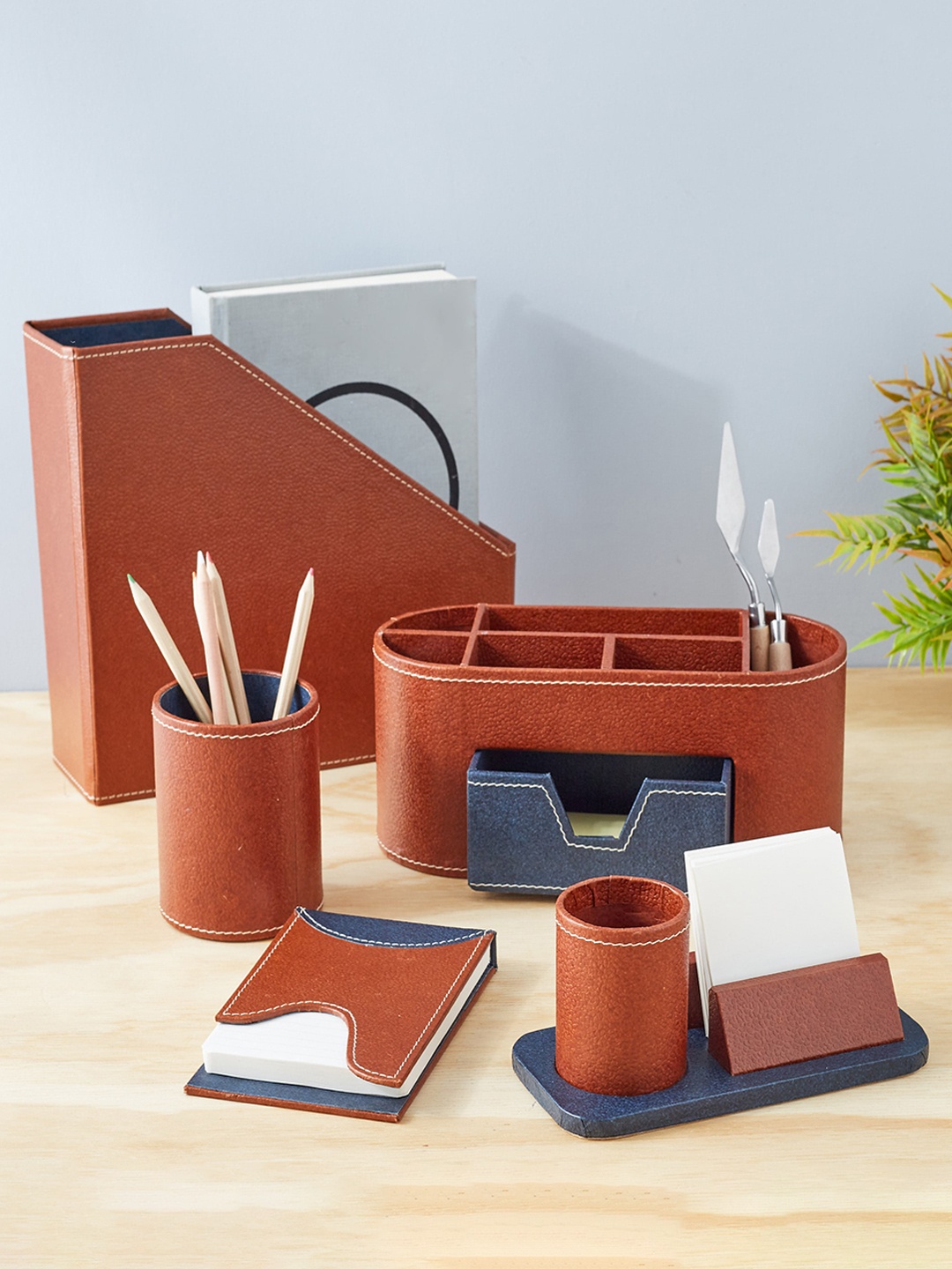 

Home Centre Brown & Blue Textured Orion Desk Organizer With Mobile Holder