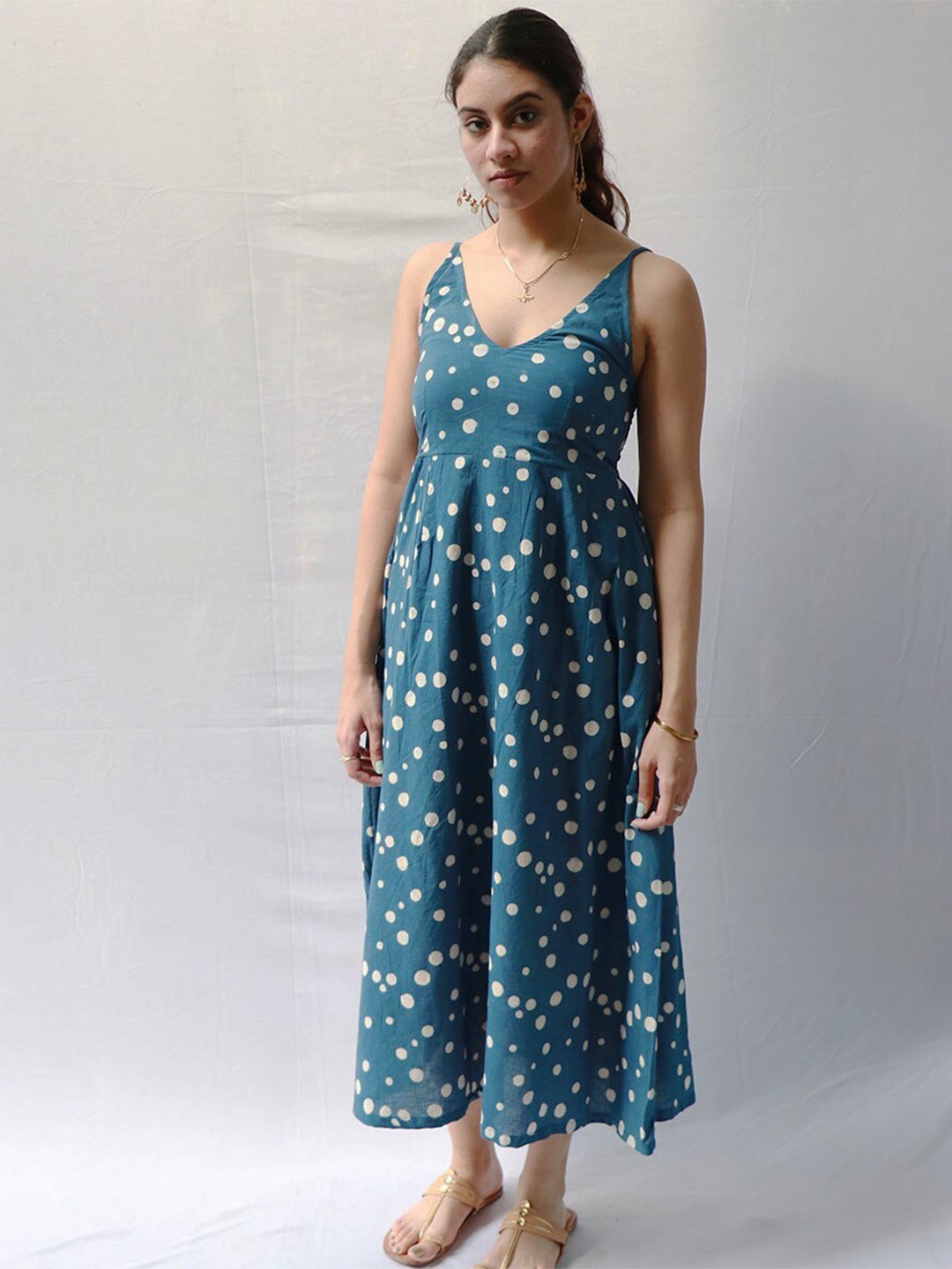 

Chidiyaa Polka Dot Printed Shoulder strap Midi Fit & Flare Dress, Blue