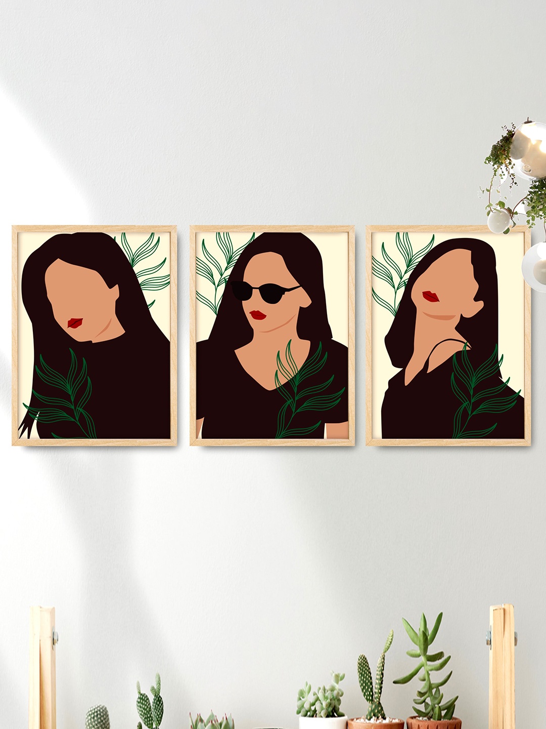 

SAF Yellow & Maroon 3 Pieces Boho Woman Art Painted Framed Wall Art, Black