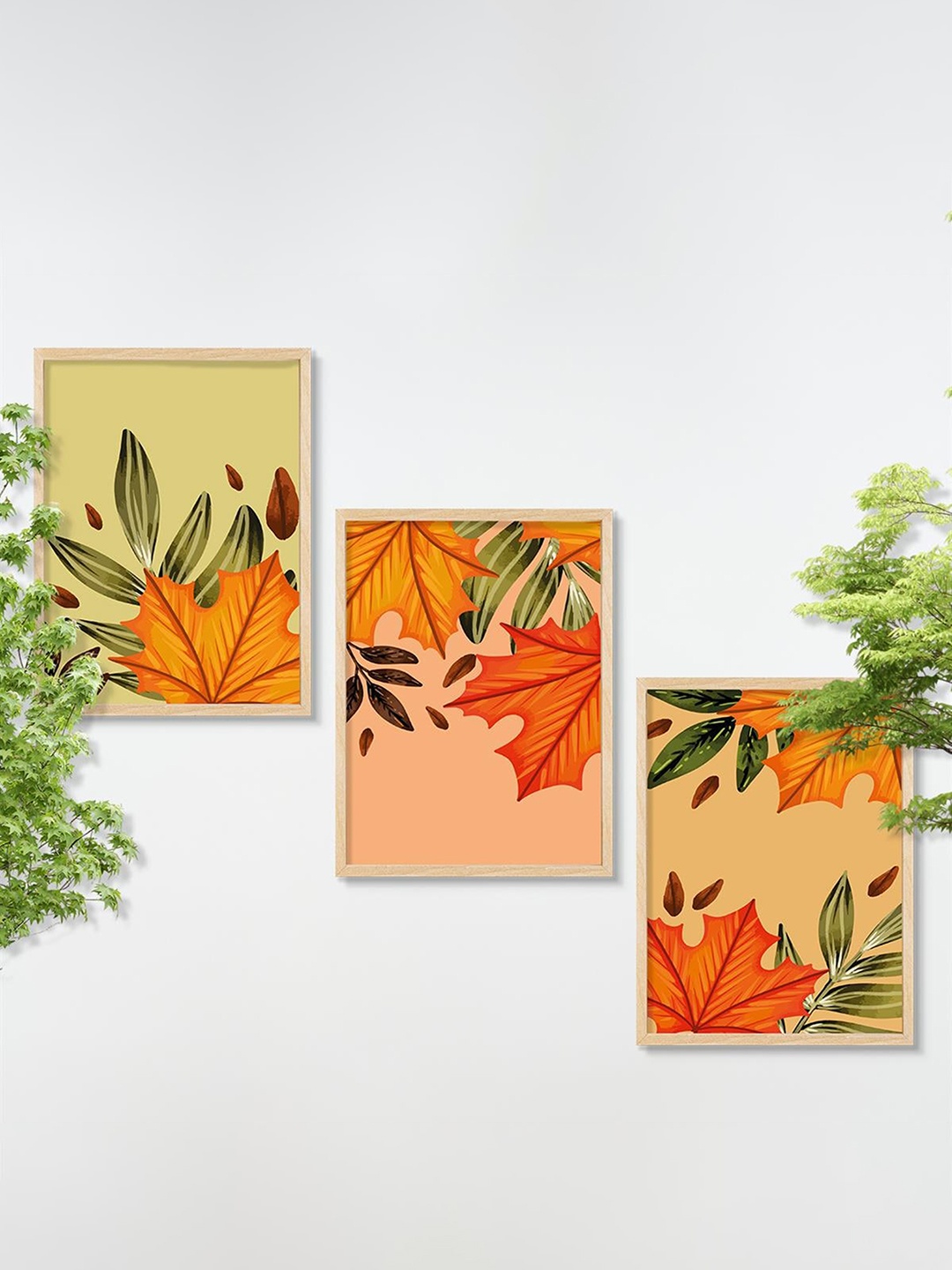 

SAF Green & Orange 3 Pieces Leafs-Painted Wall Art