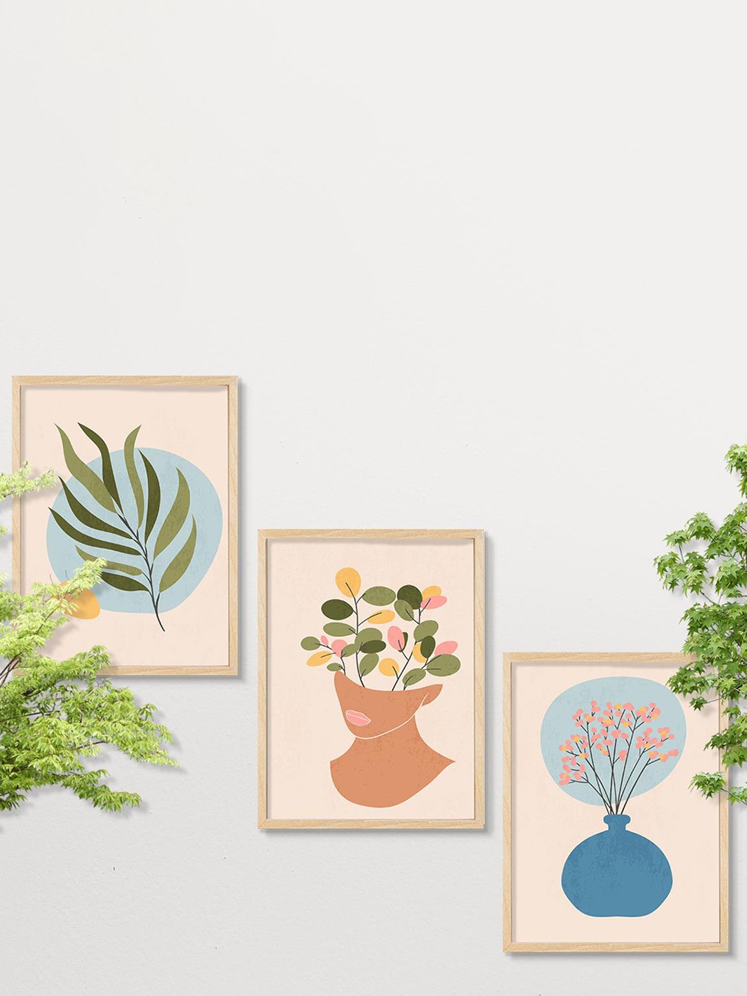 

SAF Beige & Green 3 Pieces Modern Wall Art