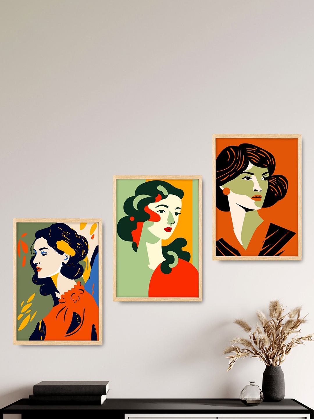 

SAF Green & Orange 3 Pieces Boho Woman Painting Wall Art