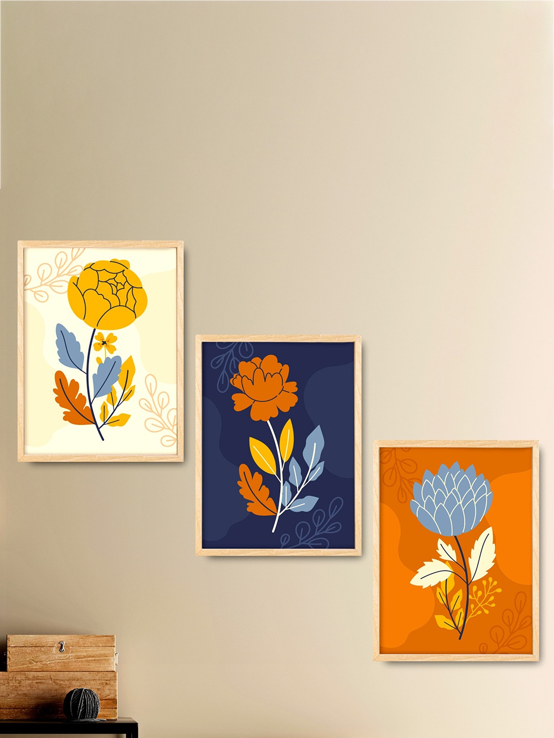 

SAF 3-Pcs Blue & Orange Flower Painting Wall Art