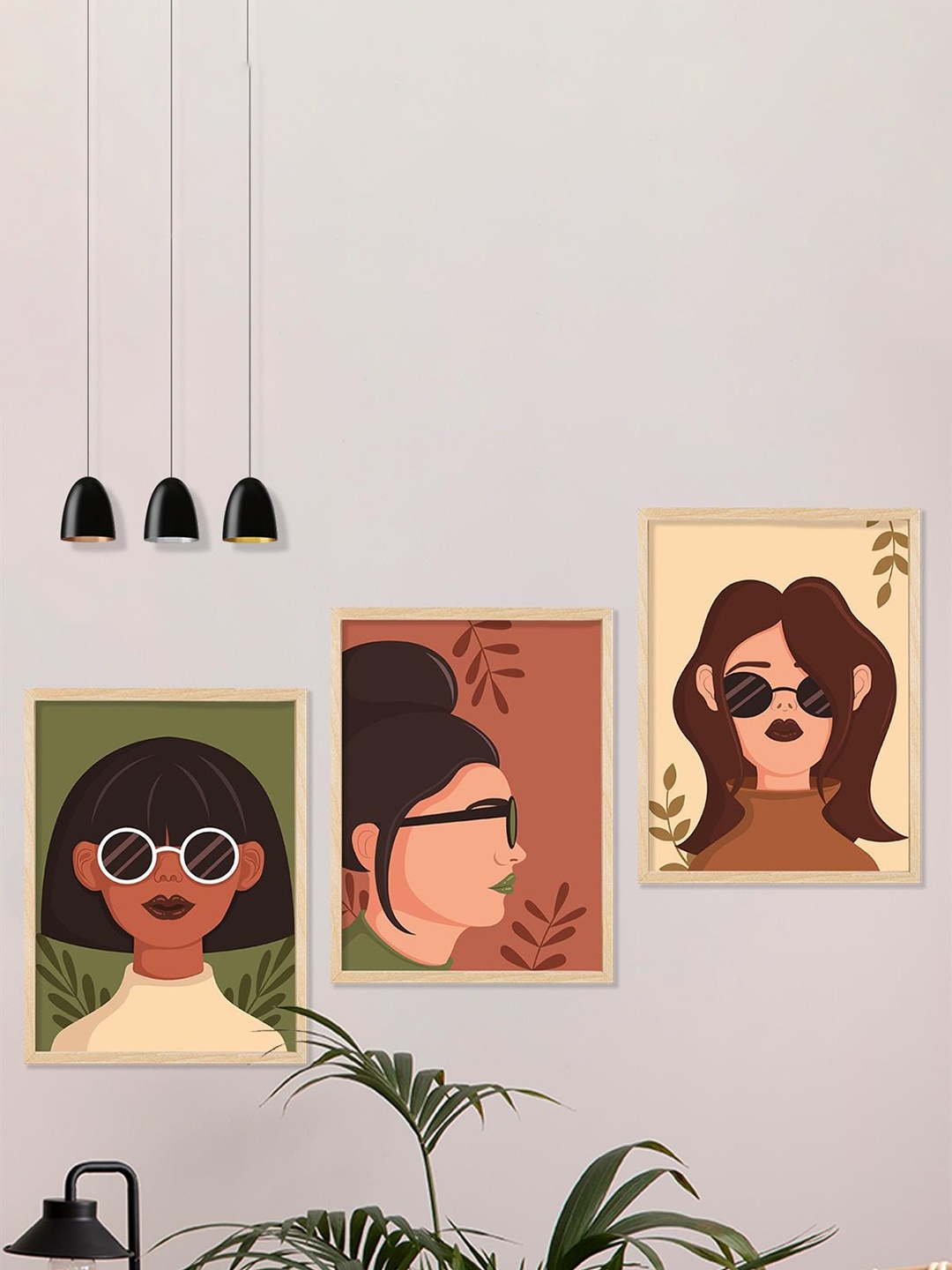 

SAF 3-Pcs Beige & Green Boho Women Painting Framed Wall Art