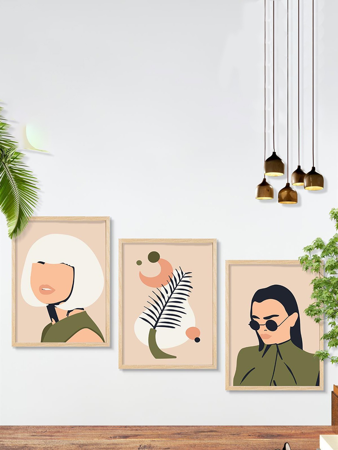 

SAF 3-Pcs Beige & Green Boho Women Painting Framed Wall Art