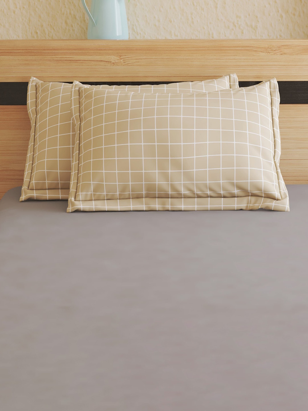 

Home Centre Colour Refresh Beige & White 2 Pieces Checked Cotton Pillow Covers