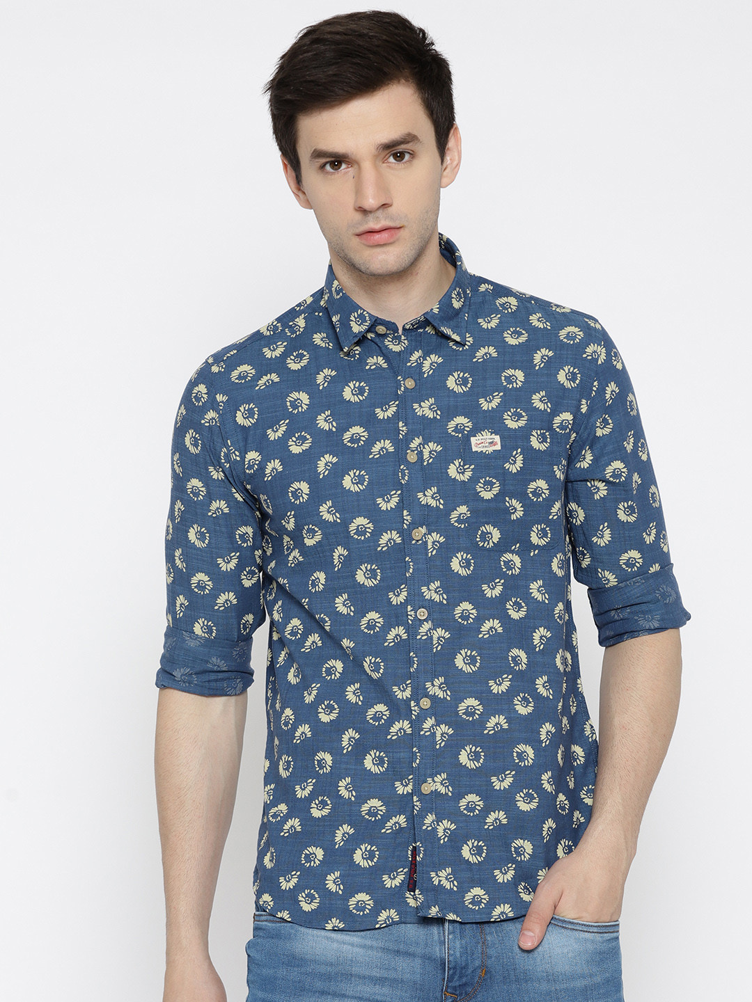 

U.S. Polo Assn. Denim Co. Men Blue & Beige Regular Fit Printed Casual Shirt