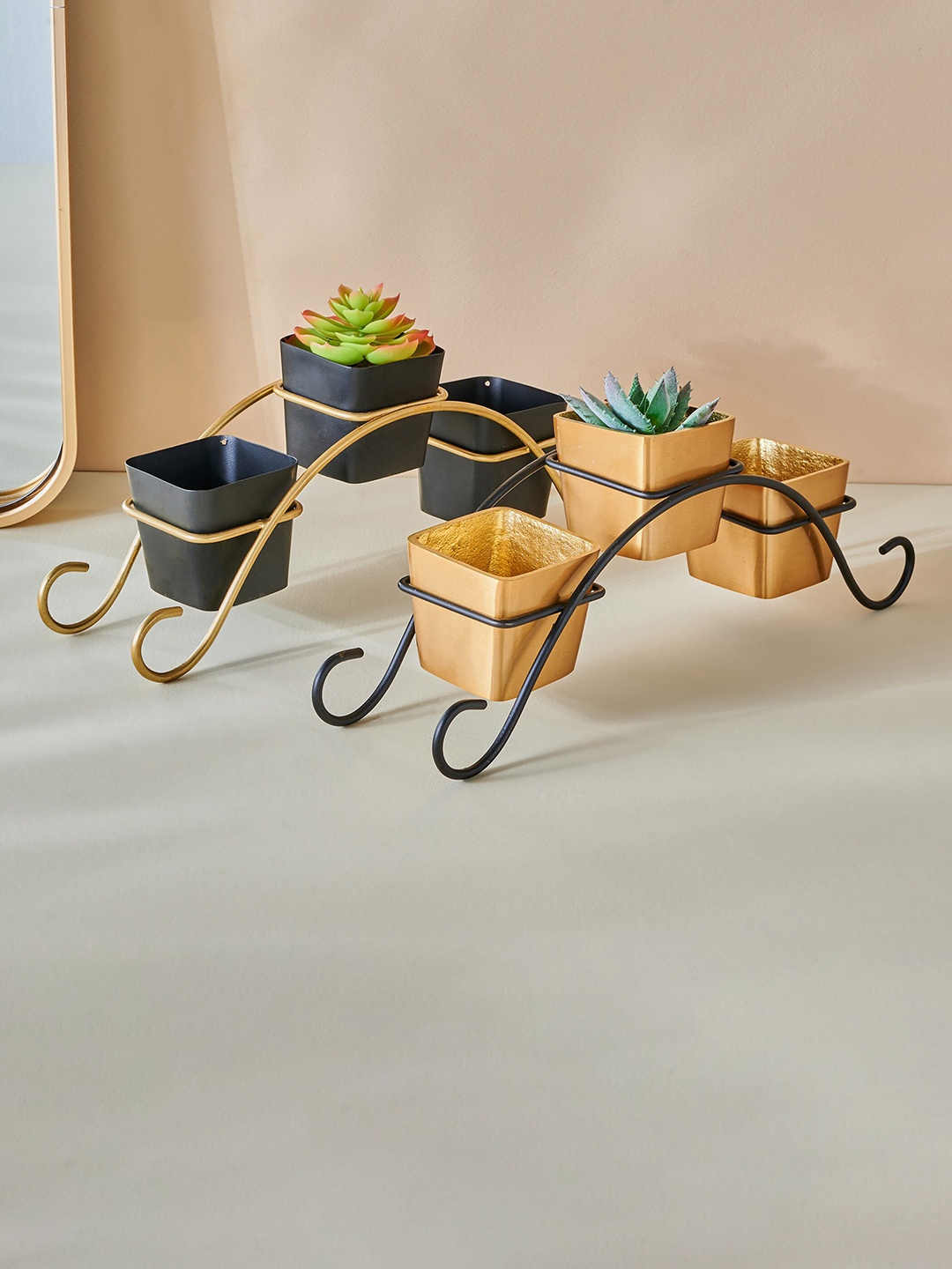 

Home Centre Gloria Black 3 Pieces Metal Planters With Stand, Gold