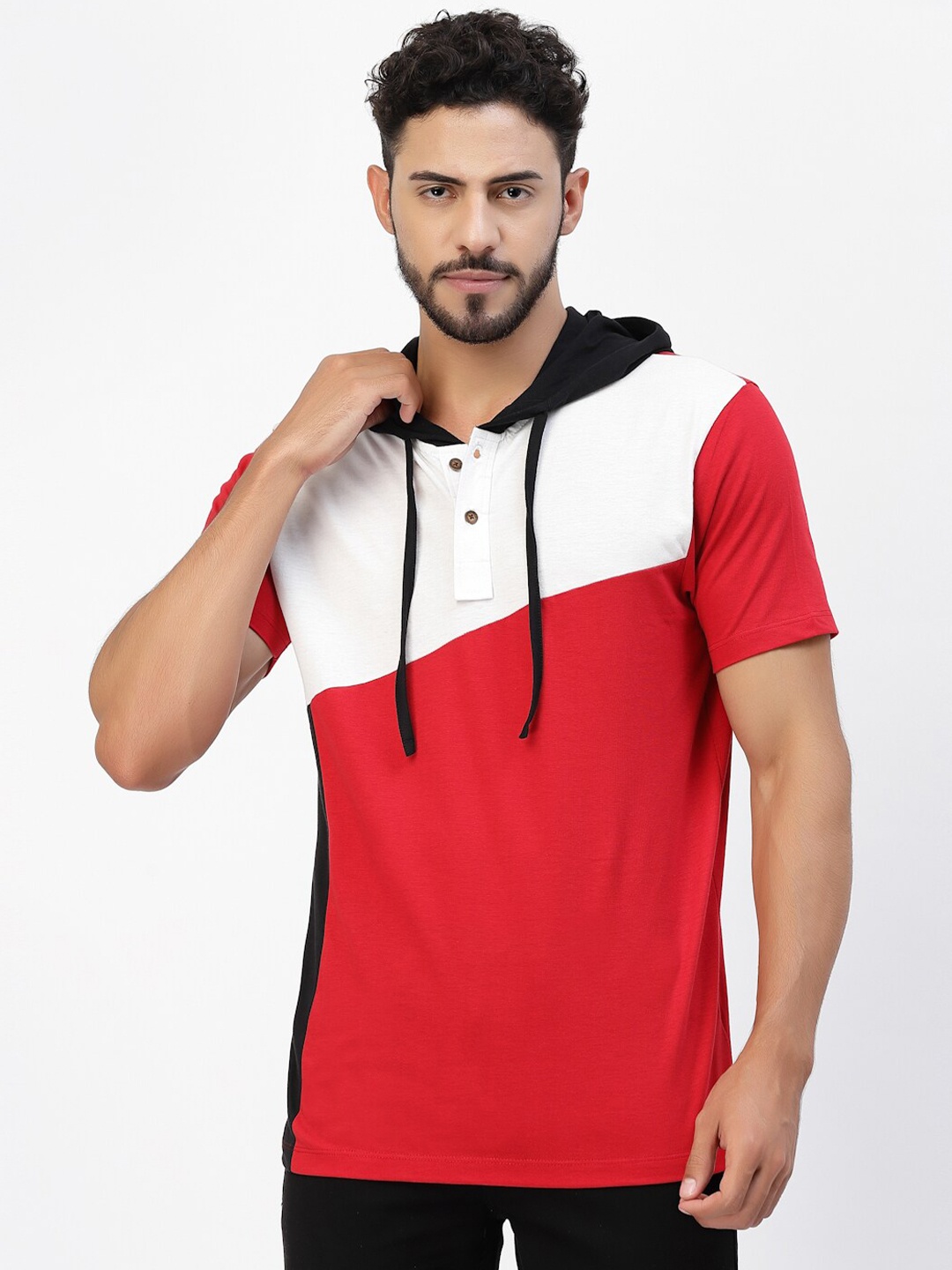 

Kalt Colourblocked Hooded Short Sleeves Regular Fit Casual T-Shirt, Red