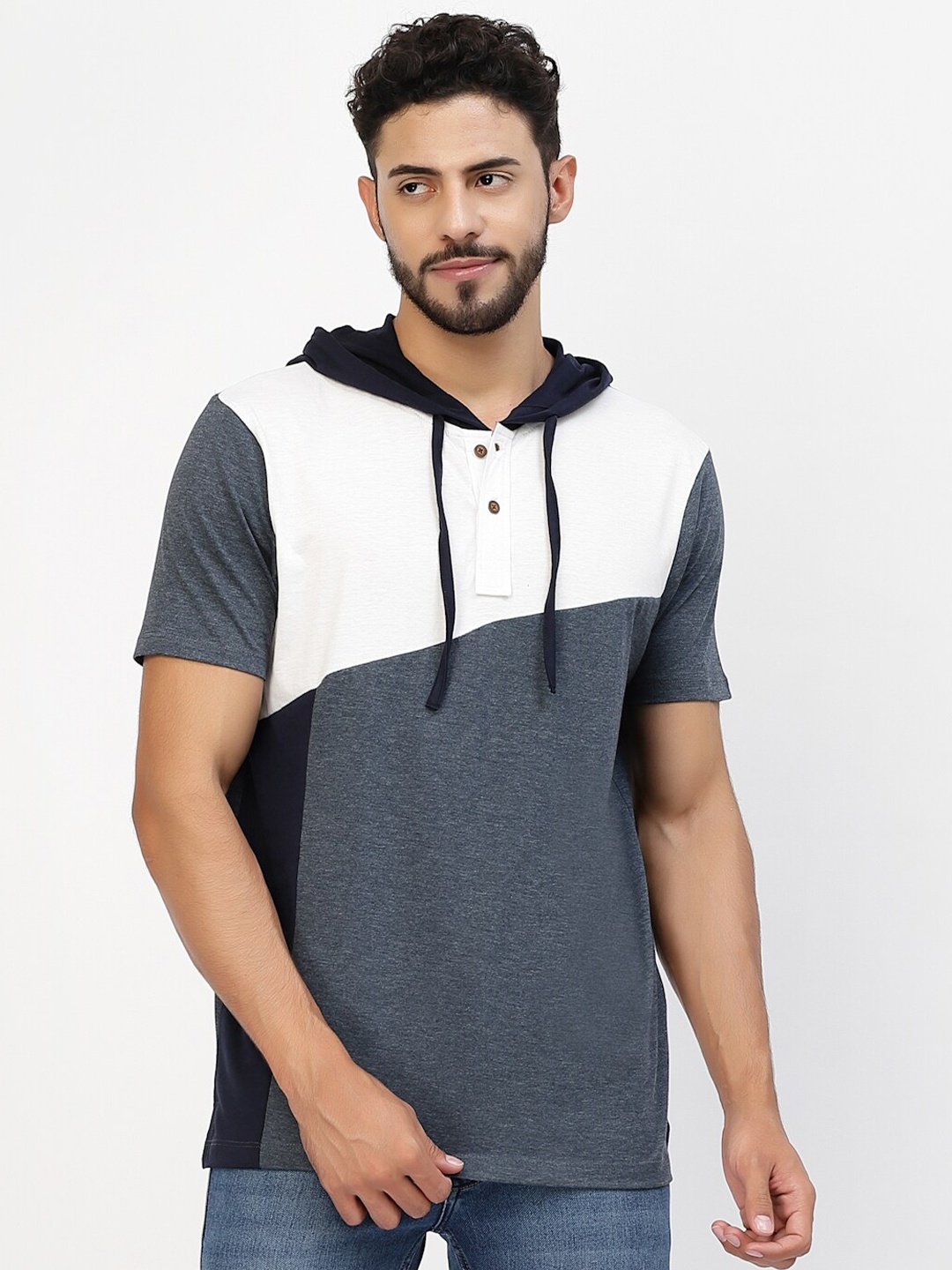 

Kalt Colourblocked Hooded Short Sleeves Regular Fit Casual T-Shirt, Grey melange