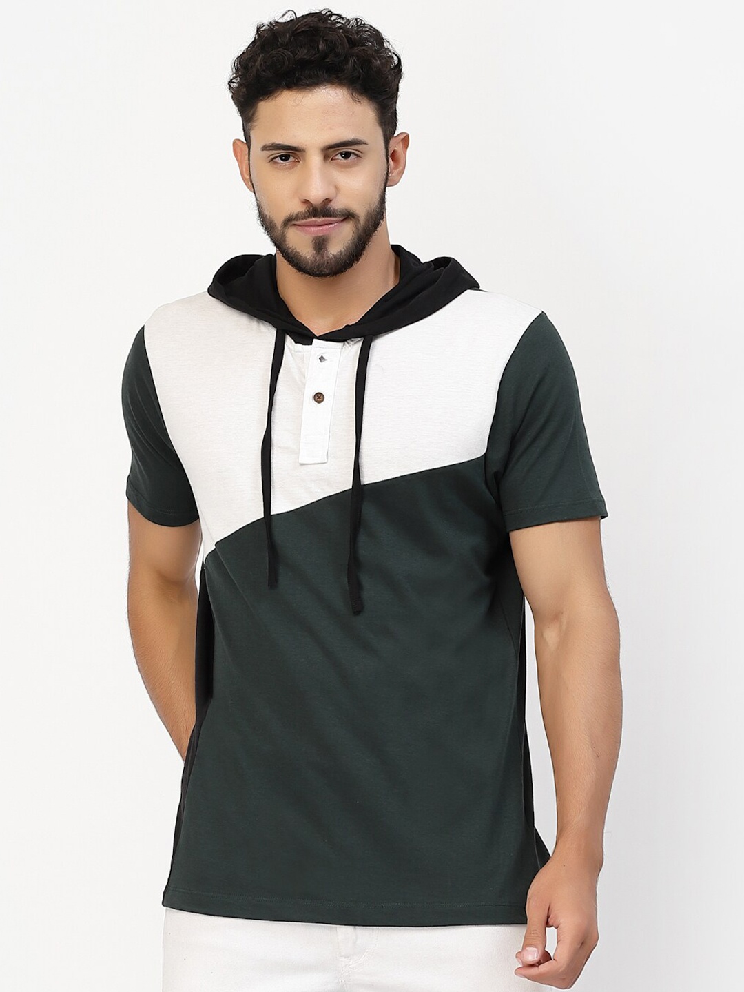 

Kalt Colourblocked Hooded Short Sleeves Regular Fit Casual T-Shirt, Green