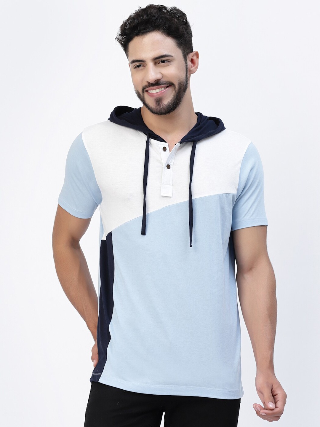 

Kalt Colourblocked Hooded Short Sleeves Regular Fit Casual T-Shirt, Turquoise blue