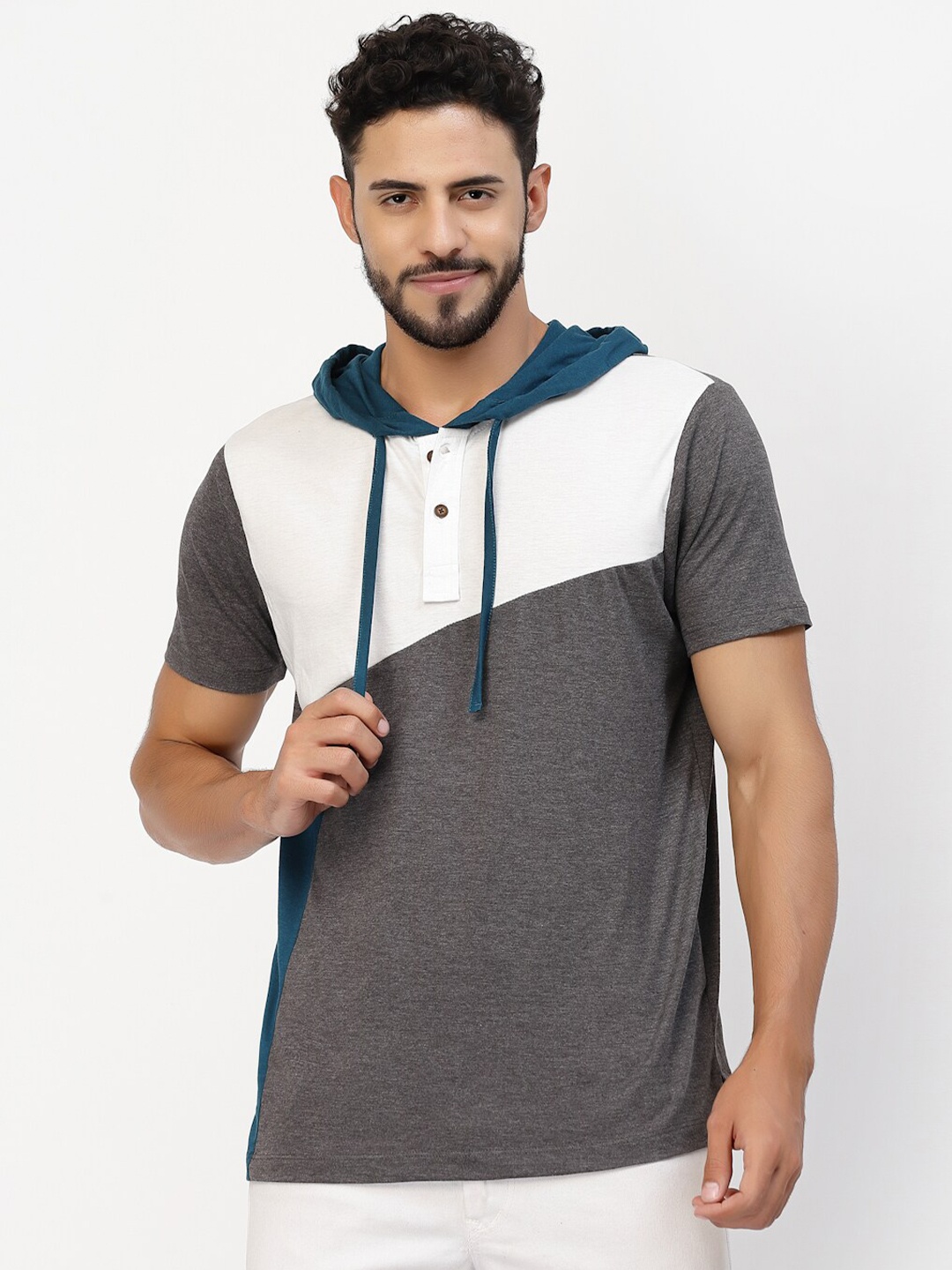 

Kalt Colourblocked Hooded Short Sleeves Regular Fit Casual T-Shirt, Grey melange