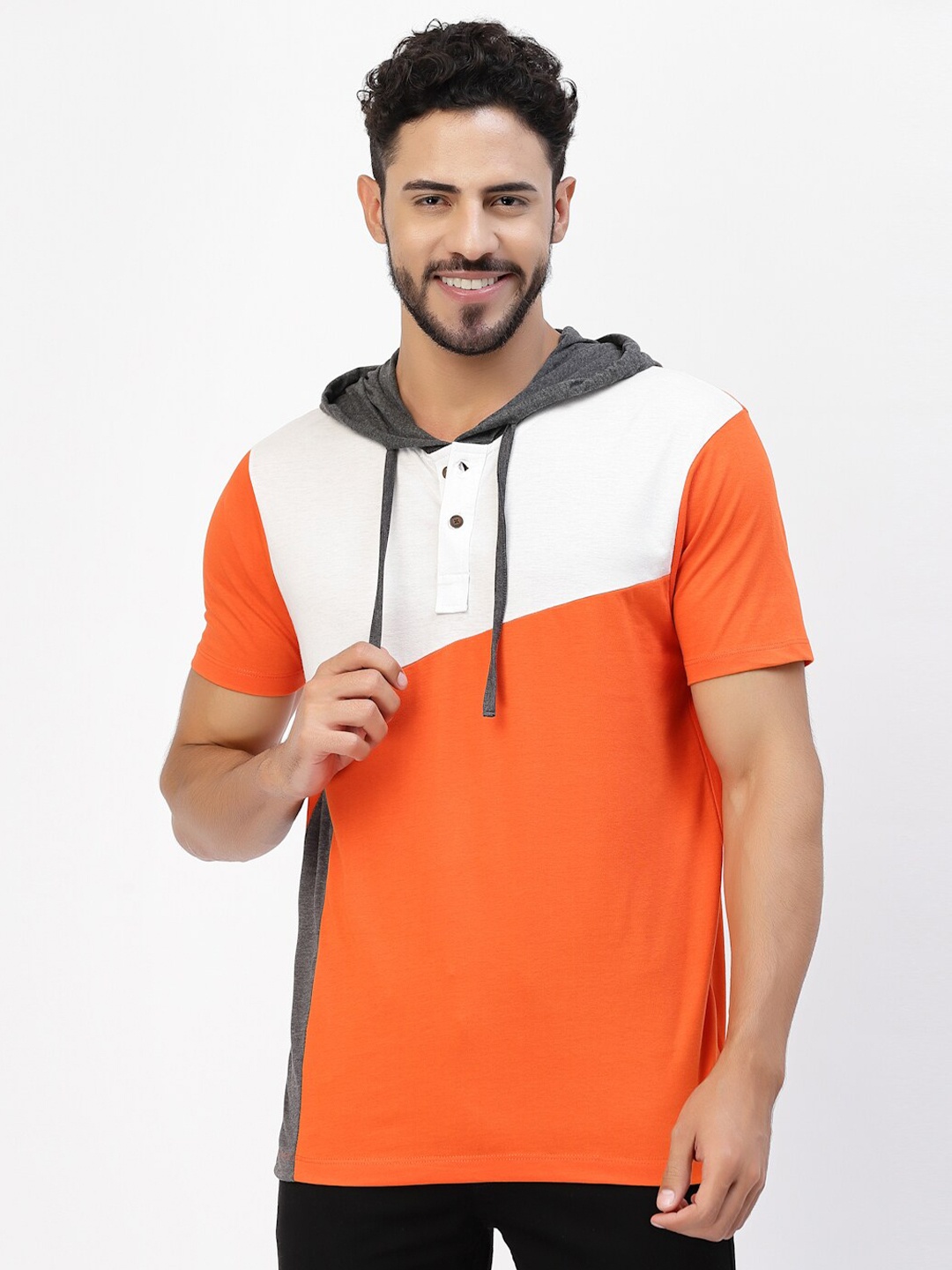 

Kalt Colourblocked Hooded Short Sleeves Regular Fit Casual T-Shirt, Orange