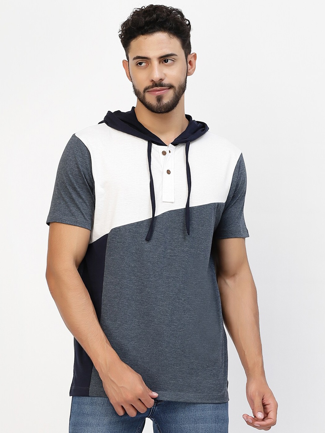 

Kalt Colourblocked Hooded Short Sleeves Regular Fit Casual T-Shirt, Grey melange