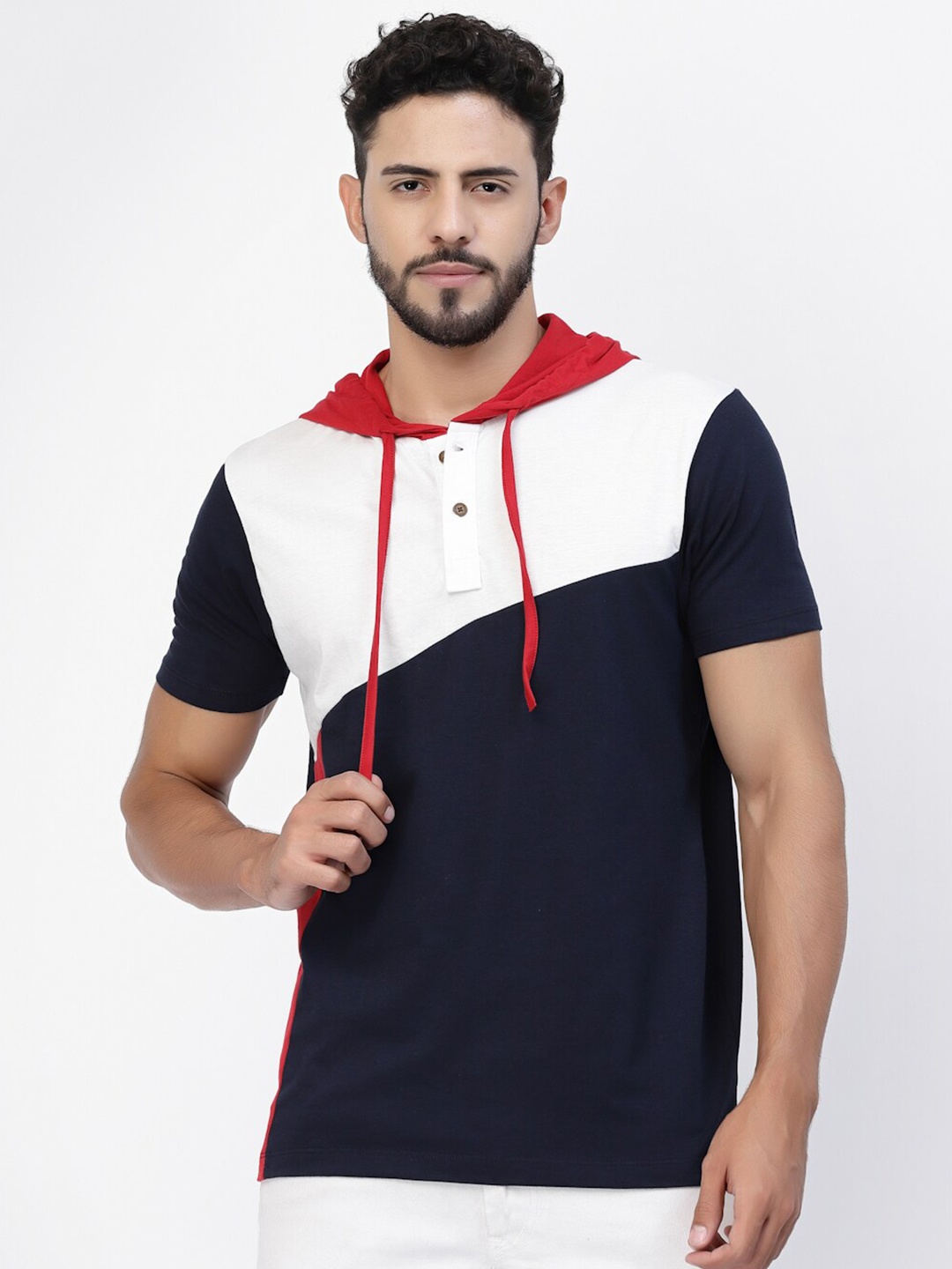 

Kalt Colourblocked Hooded Short Sleeves Regular Fit Casual T-Shirt, Navy blue