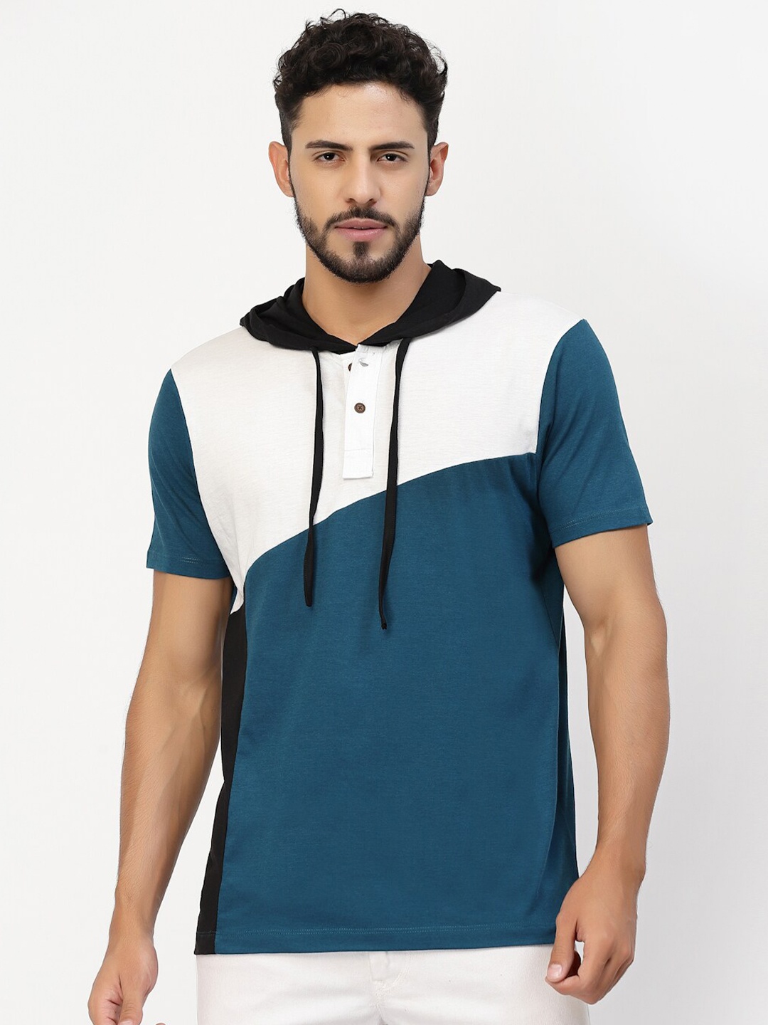 

Kalt Colourblocked Hooded Short Sleeves Regular Fit Casual T-Shirt, Teal