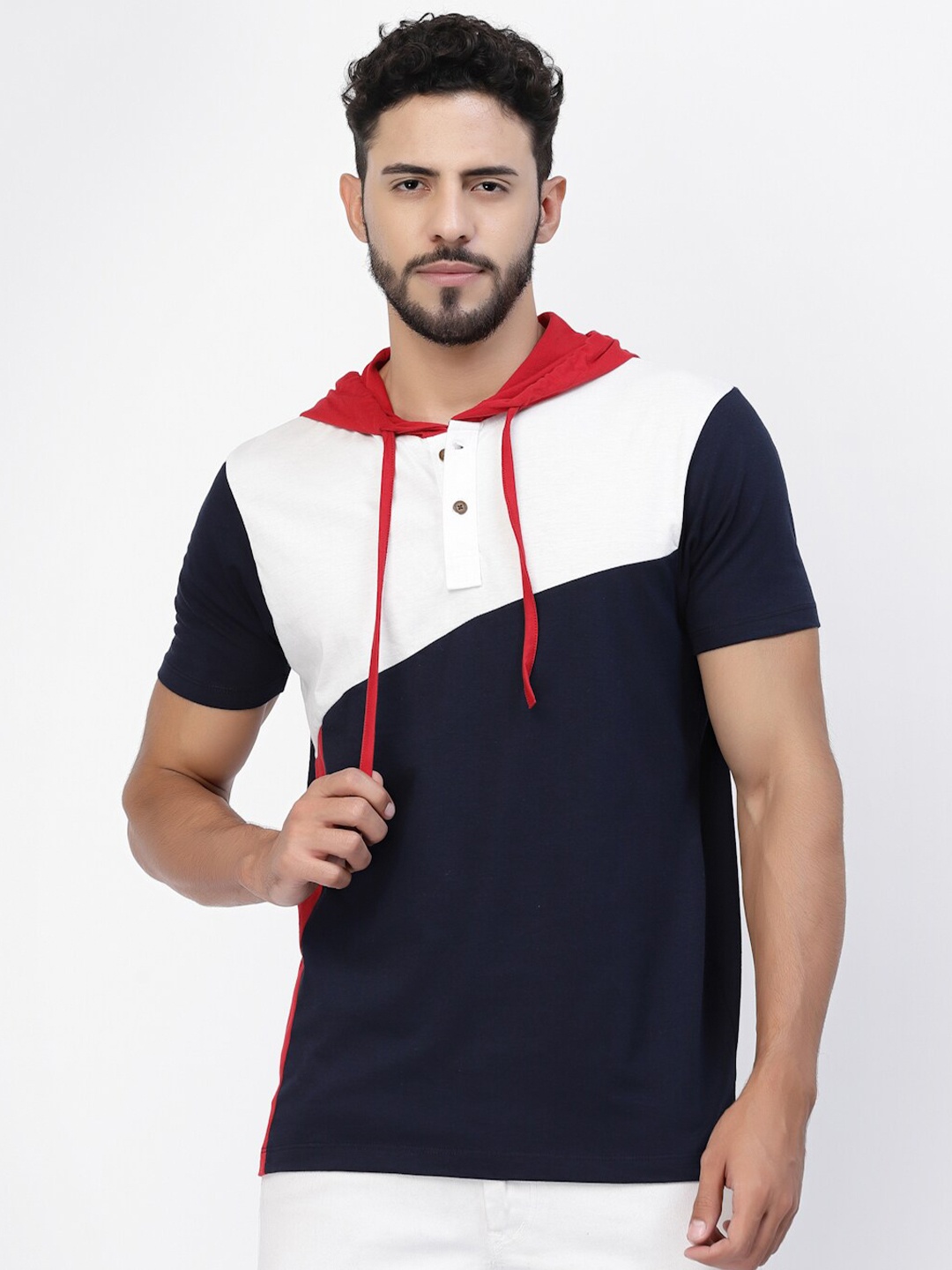 

Kalt Colourblocked Hooded Short Sleeves Regular Fit Casual T-Shirt, Navy blue