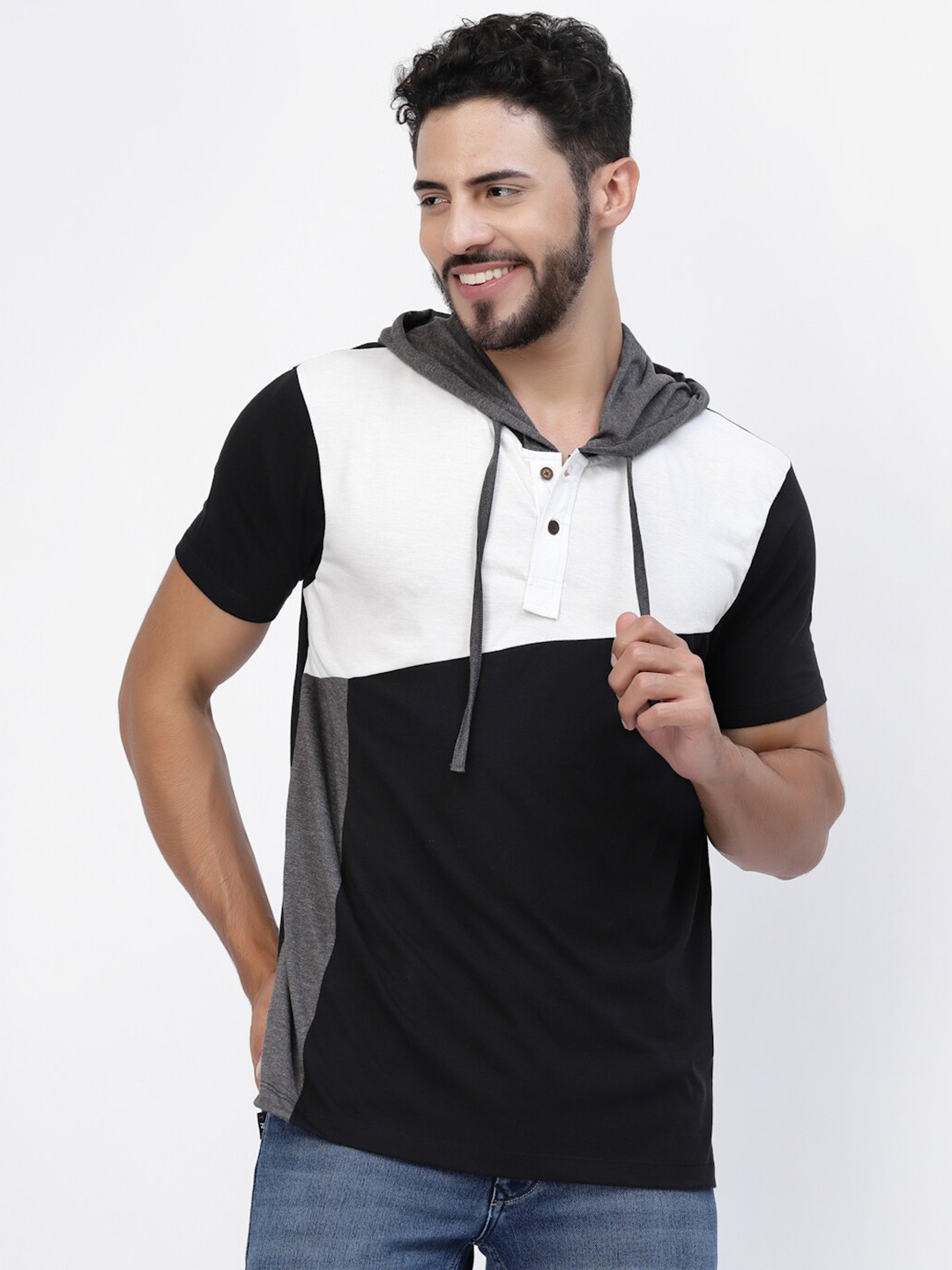 

Kalt Colourblocked Hooded Short Sleeves Regular Fit Casual T-Shirt, Black