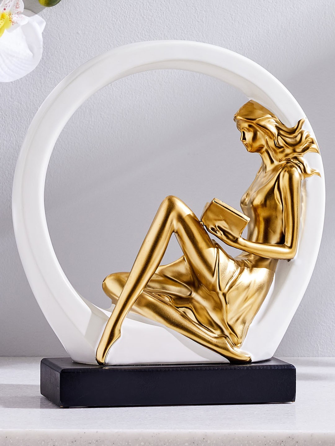 

Home Centre Golden & White Reading Lady Figurine Showpiece, Gold