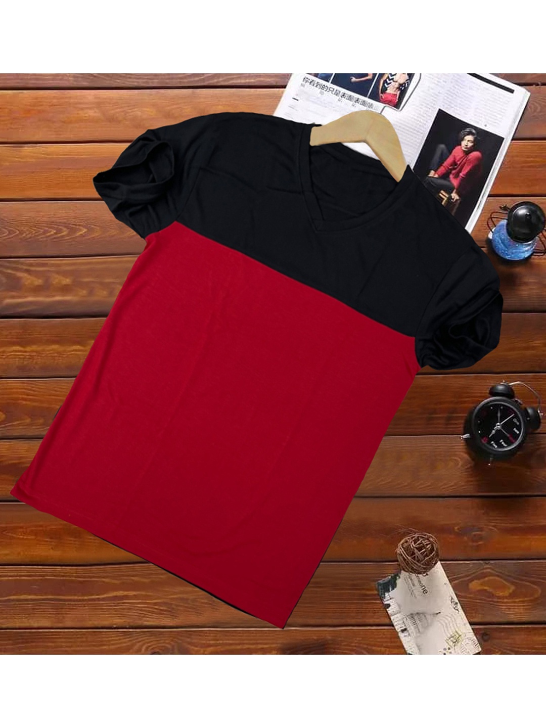 

Try This Colourblocked V-Neck Cotton T-shirt, Red